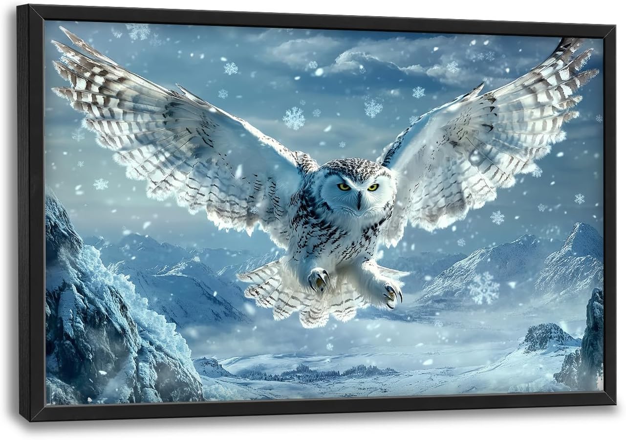 Framed Large Snowy Owl Wall Art for Living Room, Oversized Snowy Mountain Wall Decor Landscape Canvas Painting Modern Artwork Home Decoration for Living Room Bedroom Office 36"x24"