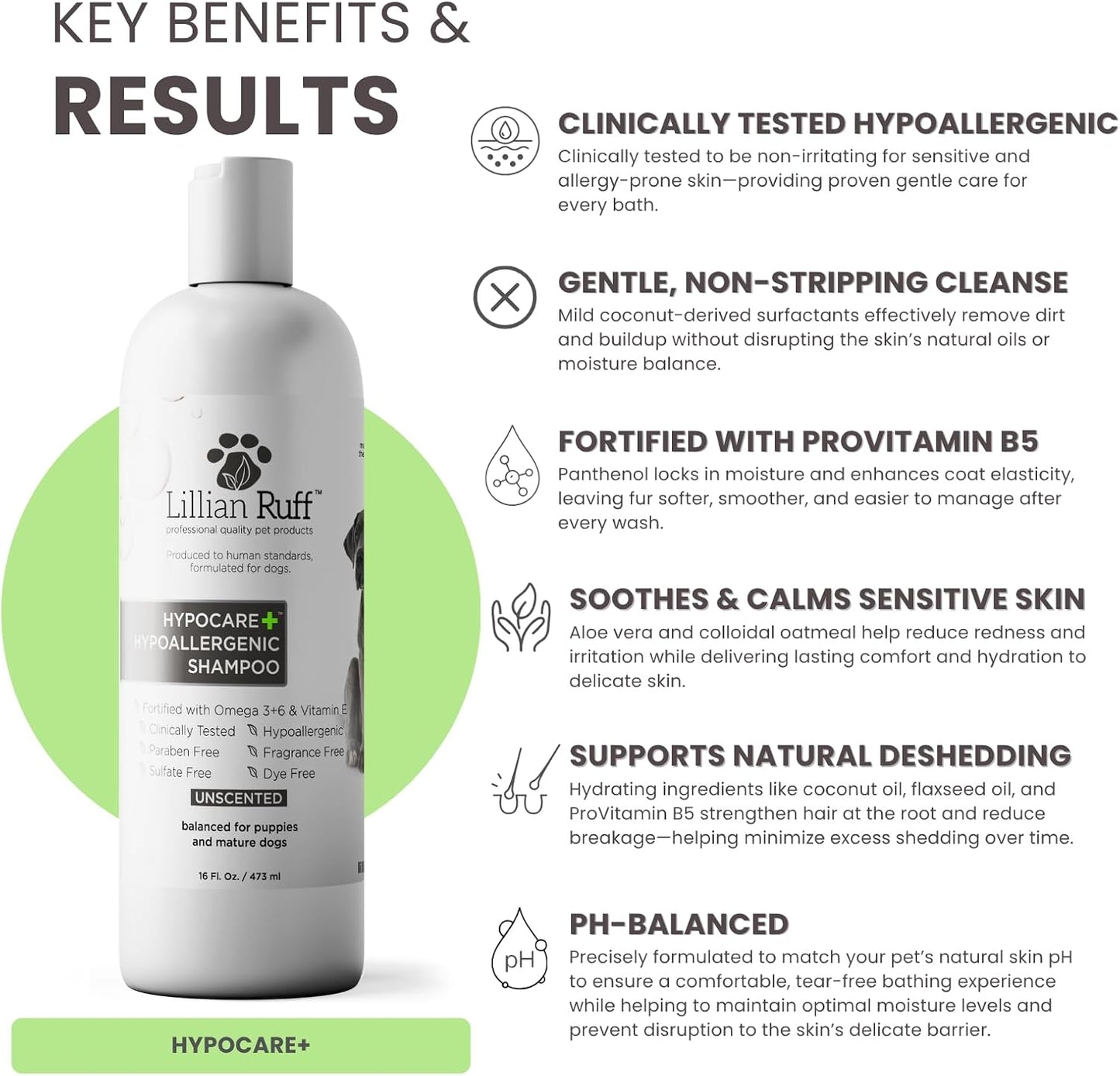 Lillian Ruff Calming Oatmeal Pet Shampoo for Dry Skin & Itch Relief with Aloe & Hydrating Essential Oils - Replenish Moisture & Deodorize - Tearless Dog Shampoo for Normal/Sensitive Skin (Hypocare+)