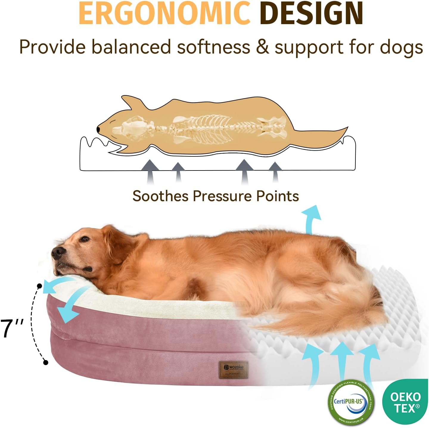 Orthopedic Waterproof Large Dog Bed: Memory FoamWashable Dog Bed with Bolsters - Removable Orthopedic Cover for Medium L XL Large Sized Pet - Non-Slip Bottom - Pink
