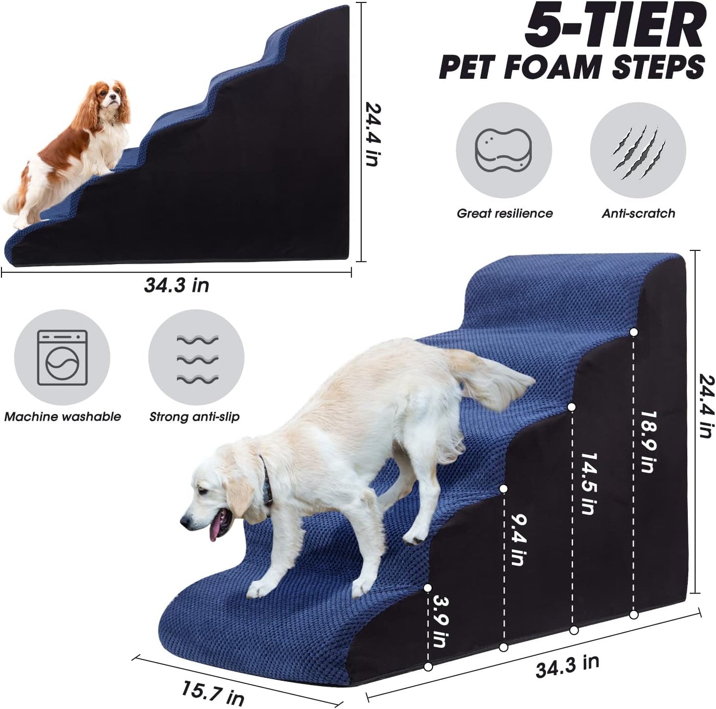 Dog Steps&Stairs for High Beds 24.4 inches High Up to 24-28 inches Bed, Tall Extra Wide Pet Stairs/Steps for High Bedsides,Non-Slip Dog Ramps for Small Older Dogs/Cats(Blue)