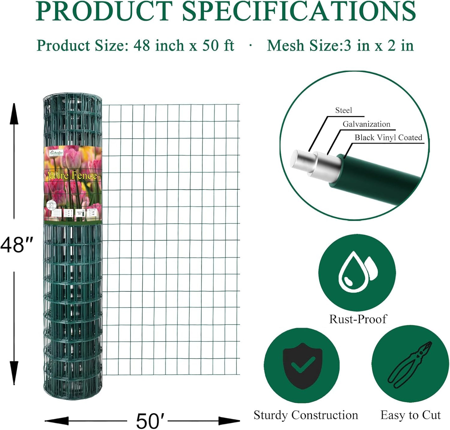 Green PVC Coated Welded Wire Fence 48 Inch x 50 Foot, 2 Inch x 3 Inch 16GA, Garden Border Fencing Roll Vinyl Coating Metal Wire Mesh for Yard Vegetable Plant Protection Poultry Netting