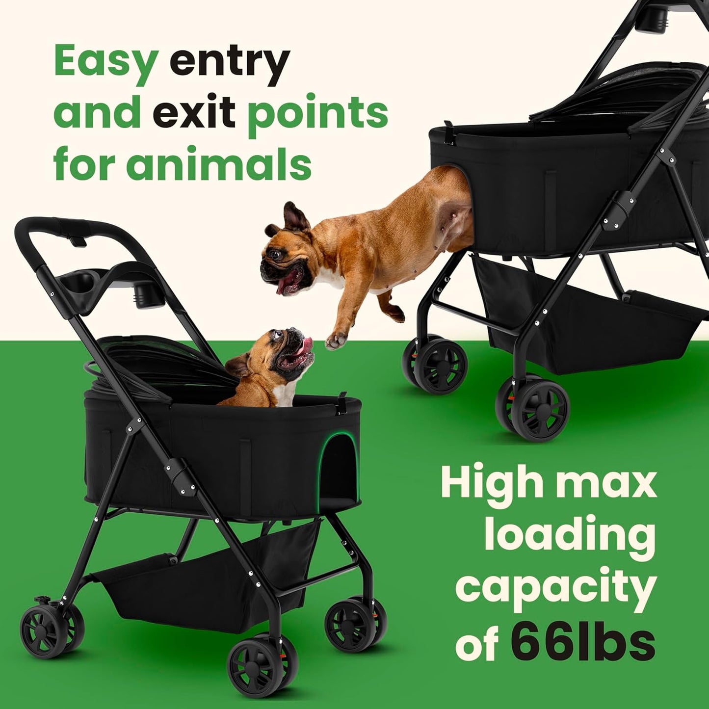 Pet Stroller 3 in 1 Foldable Dog Stroller, Cat Strollers, Foldable pet Strollers & Cat Carrier, Pet Carrier, Lightweight with Cup Holder, Waterproof Max Load 66 lbs, Breathable Mesh Canopy