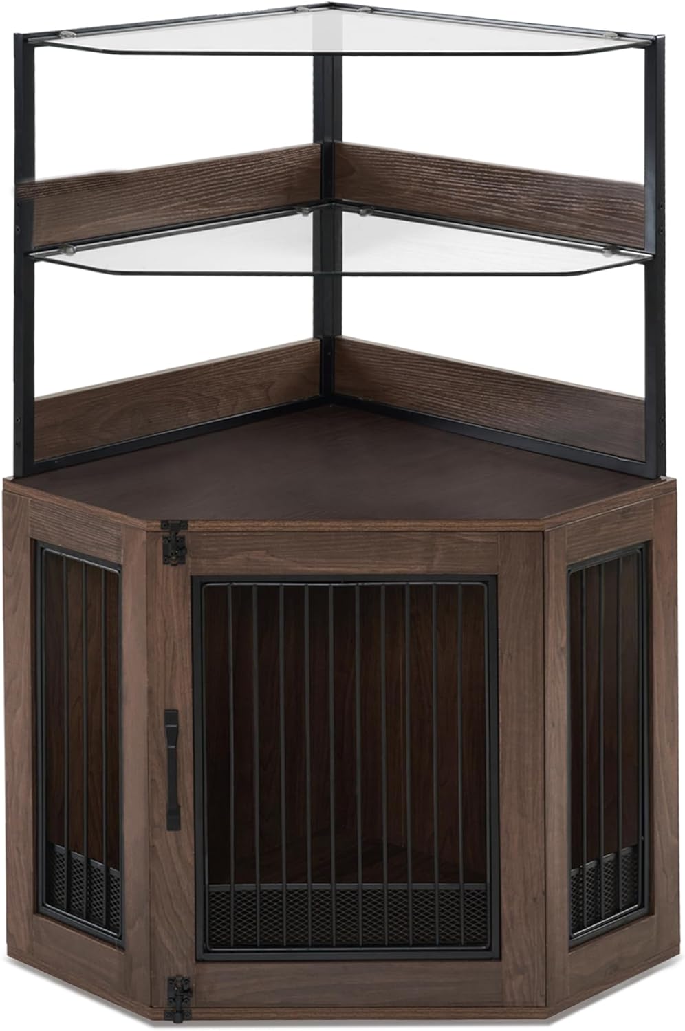MCombo Small Corner Dog Crate Furniture with Glass Shelves, Wooden Dog Kennel Furniture with Door, Pet Crate Indoor Use, CN17 (Brown)