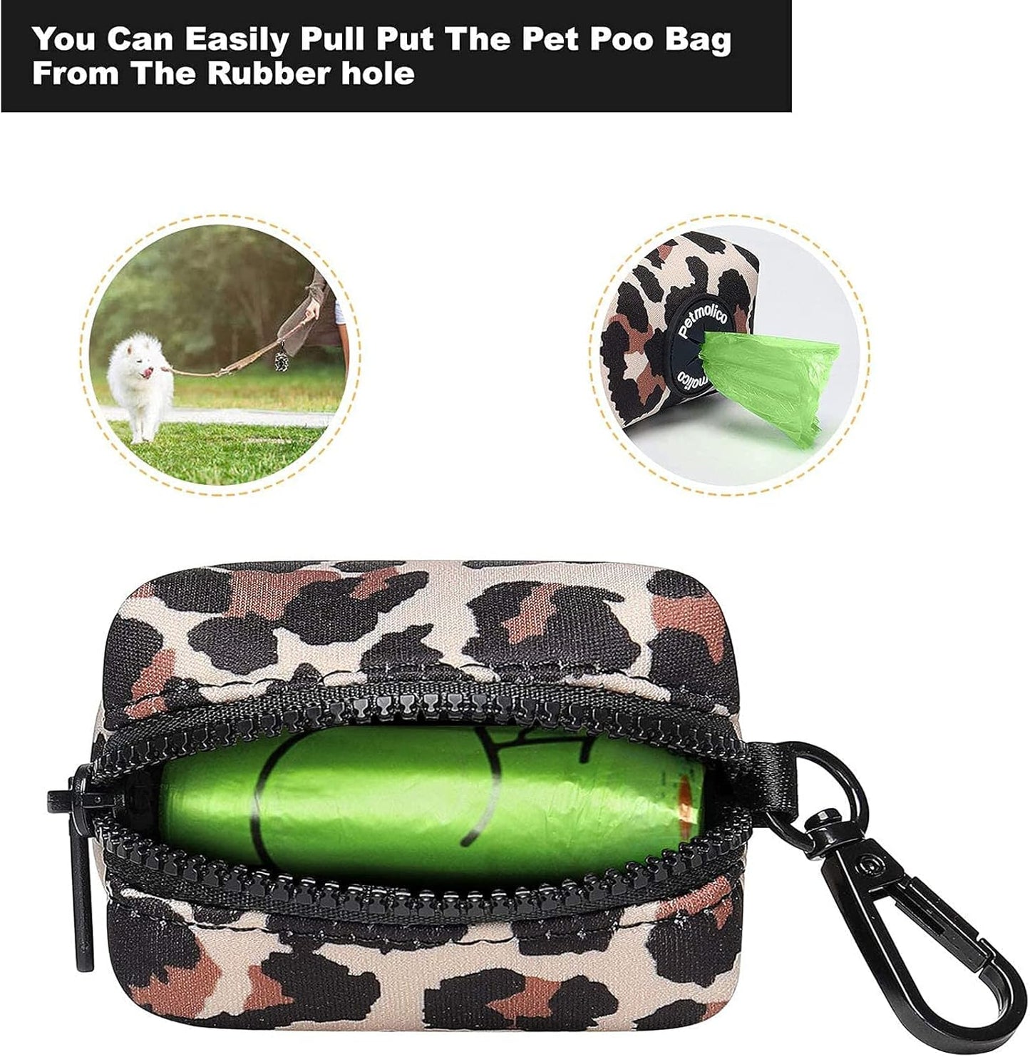 Petmolico Dog Poop Bag Holder Leash Attachment, Waste Bag Dispenser Zippered Pouch, Fits Any Leash, Includes Free Roll of Bags, 2 Pack - Leopard