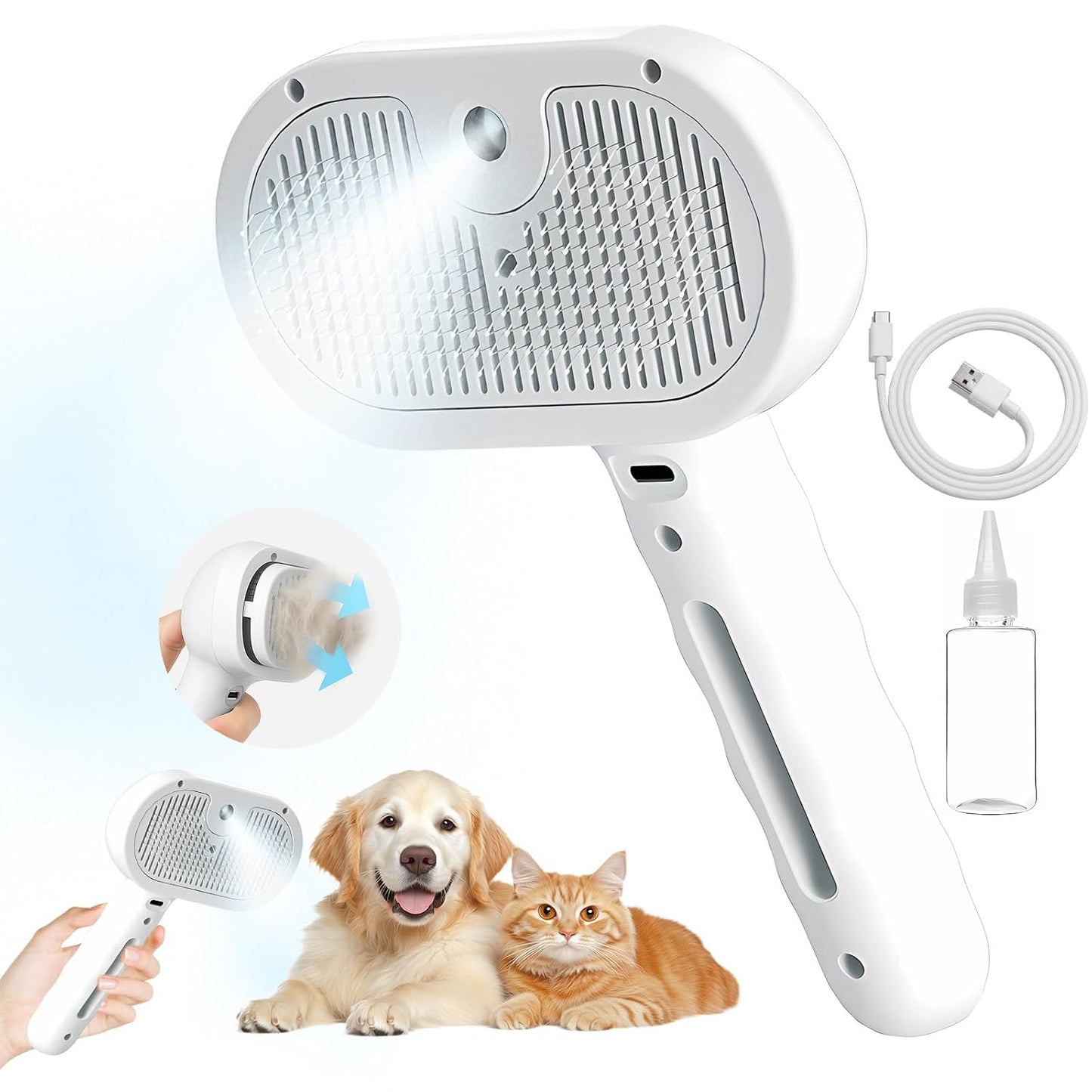 ‌3-in-1 Pet Steam Brush with Self-Cleaning & Cool Mist‌ – Portable Grooming Tool for Cats & Dogs, Long-Lasting Shedding Control & Detangling, Refillable Water Tank & Fast Charging