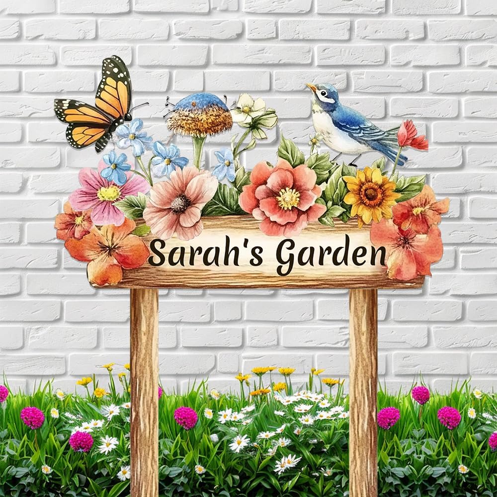 Personalized Colorful Bird Metal Sign with Stake,Custom Gardener Last Name Signs Outdoor Decorate,Customized Garden Accessories Decor for Mom,Butterfly Flowers Plaques for Patio Lawn Porch Backyard