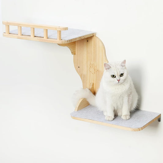 Cat Wall Perches, 2-Levels Corner Shelves Wall-Mounted Platform with Scrathing Mat, Wood Furniture for Indoor Cats Climb,Play and Nap (Left)
