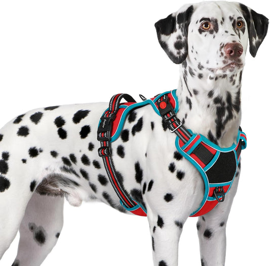 Eagloo Dog Harness for Large Dogs, Easy Wearing with 3 Buckles, Adjustable No Pull Pet Harness with 2 Rings for Walking, No Chock Reflective Soft Padded Vest with Control Handle, Red & Teal, XL