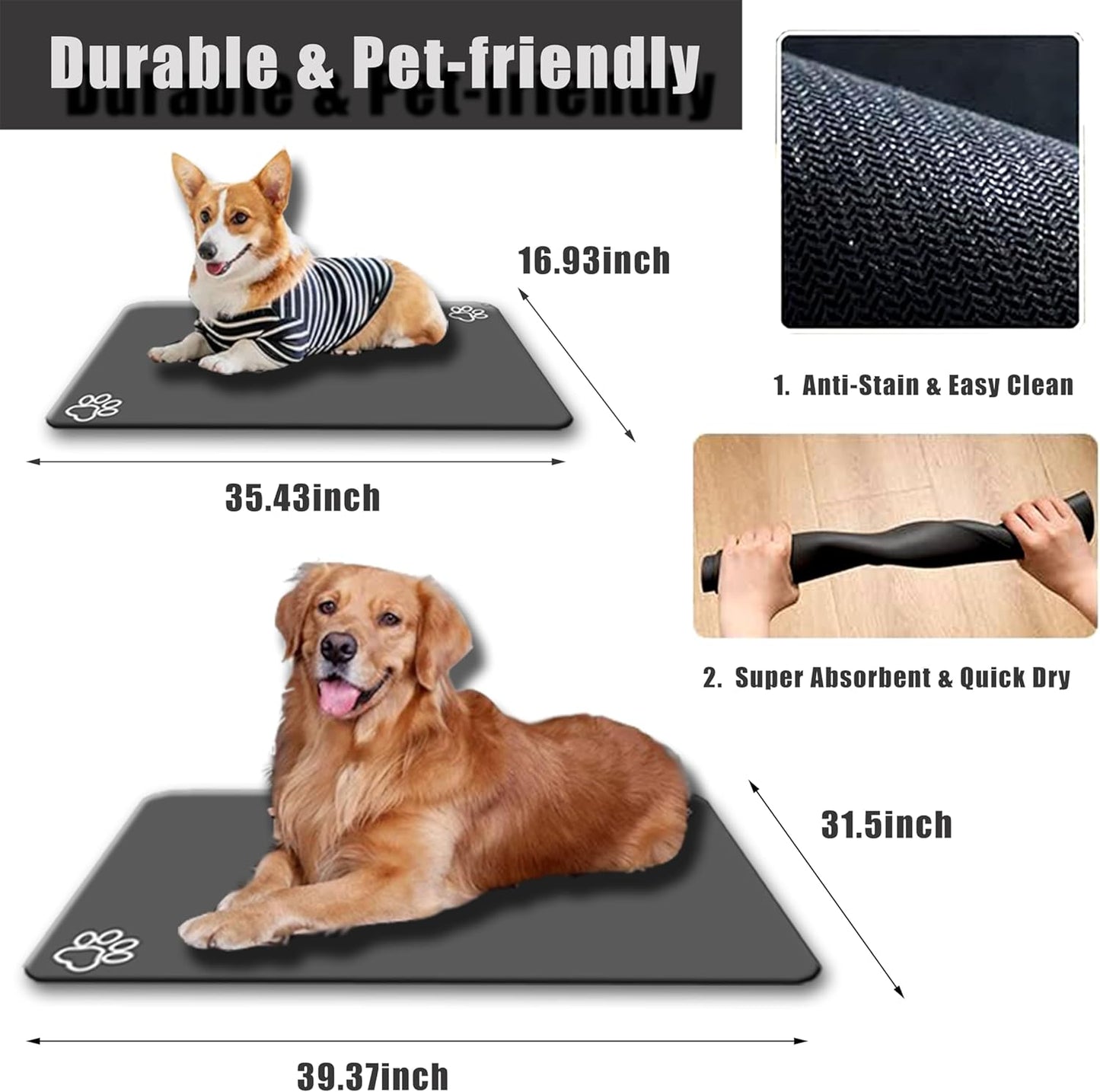 Large Pet Feeding Mat,Super Absorbent Pet Mat,Quick Dry Cat & Dog Water Dispenser Mat,No Stains Non Skid Pet Food Mat for Food and Water Bowl,Easy to Clean Pet Placemats(36"x16" Dark Gray)