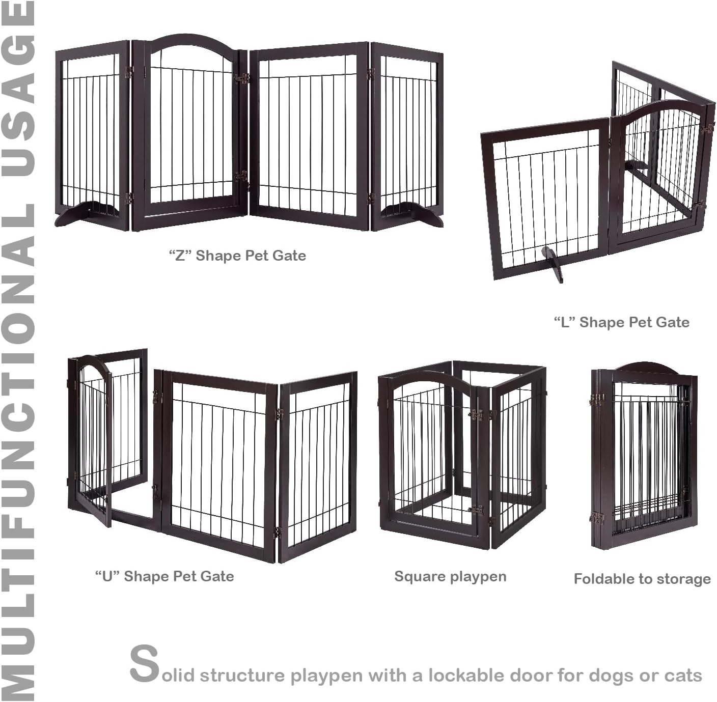 SPIRICH 96-inch Extra Wide 30-inches Tall Dog Gate with Door Walk Through, Freestanding Wire Pet Gate for The House, Doorway, Stairs, Pet Puppy Safety Fence, Support Feet Included(Espresso)