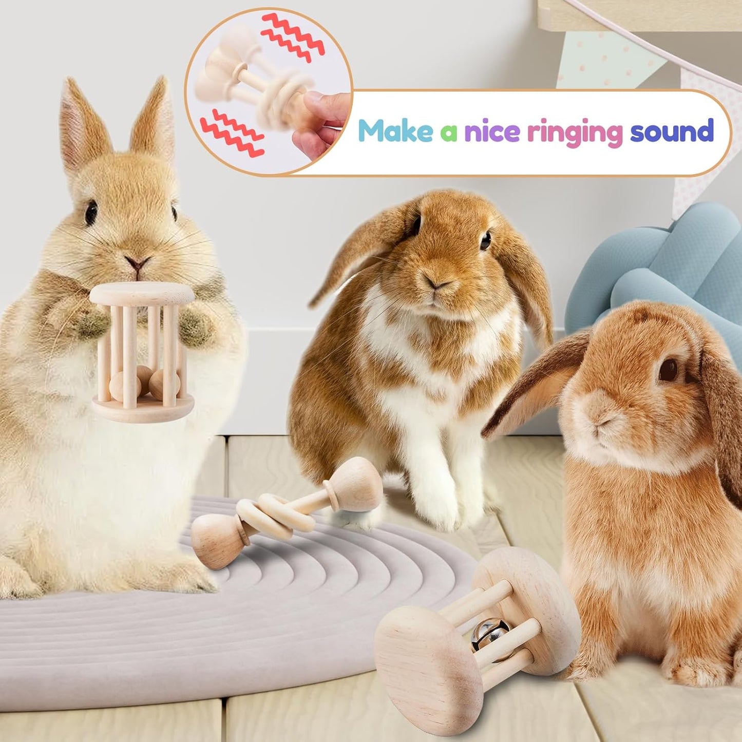 3 Pcs Wooden Bunny Toys - Safe Rabbit & Guinea Pigs Teeth Grinding Toys for Chinchillas, Hamsters & Small Animals - Indoor & Outdoor