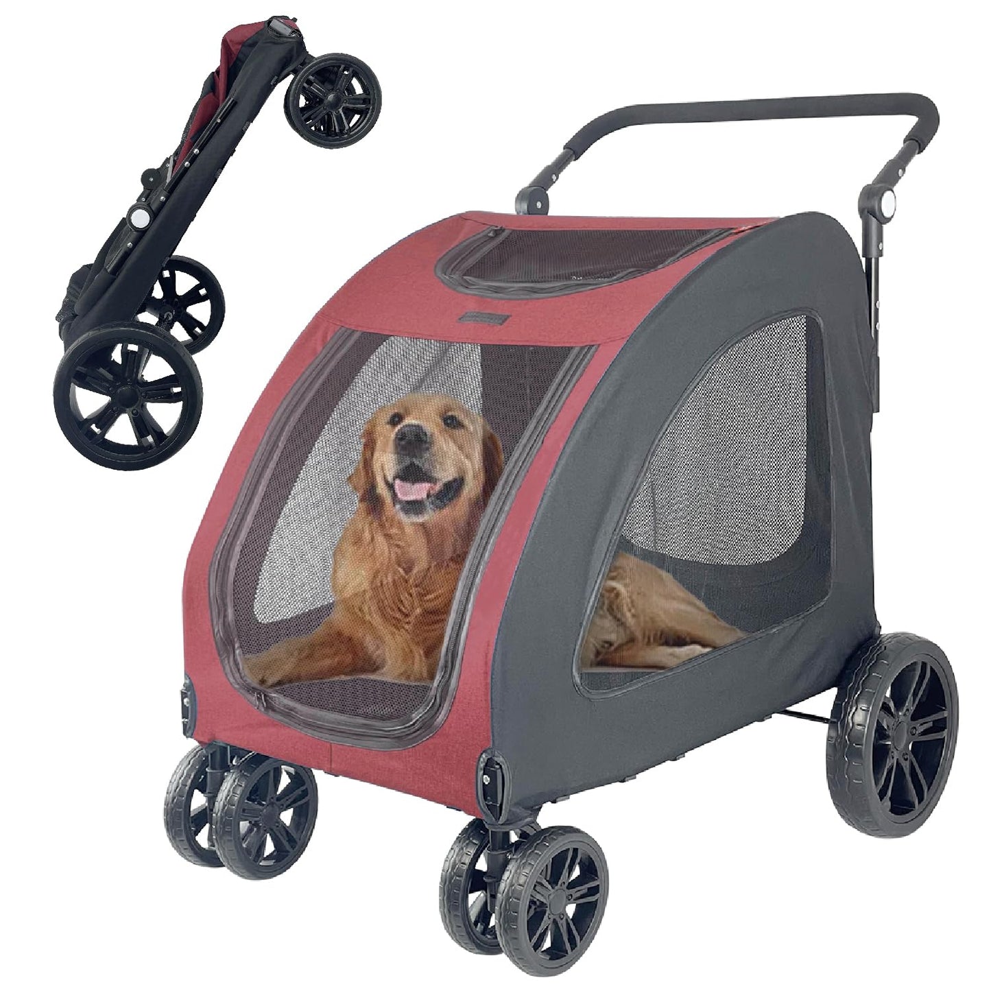 Extra Large Dog Stroller for Medium & Large Pets - Foldable Design, Adjustable Handle, Up to 130 lbs(Red)