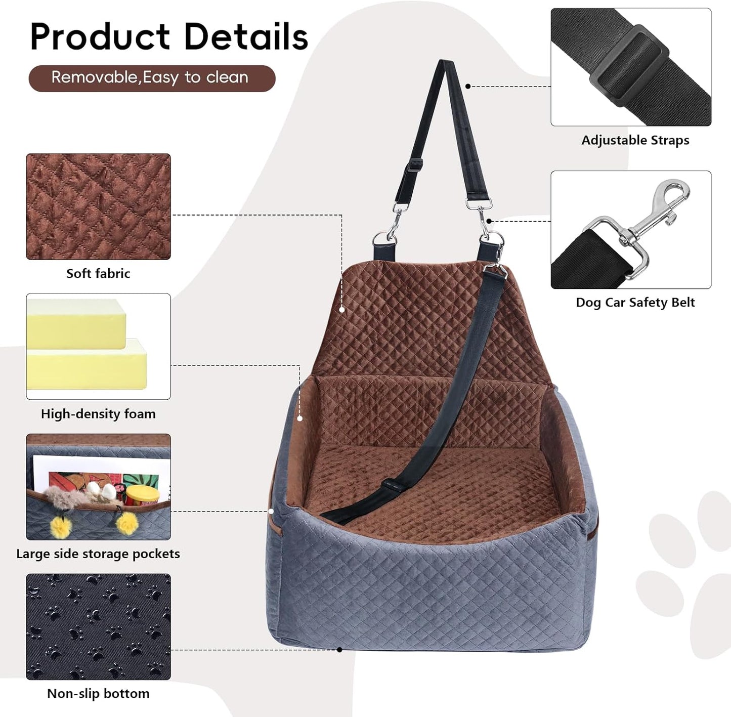 Dog Car Seat for Small Medium Dogs, Soft Fabric Dog Booster Seat with Storage Pockets, Safety Belt, Comfy Pet Car Seat Travel Bed, Removable and Washable