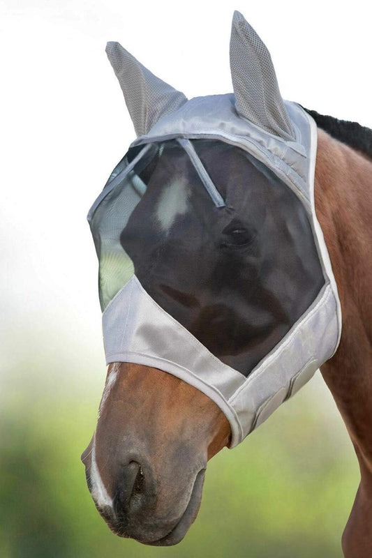 Harrison Howard CareMaster Horse Fly Mask Half Face with Ears Silver/Black Retro Small Pony