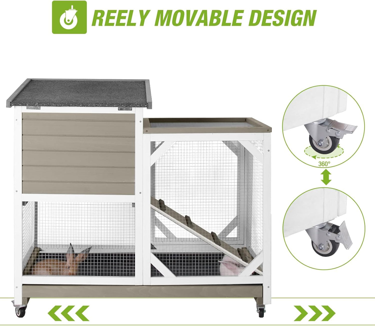 GUTINNEEN 2-Story Rabbit Hutch with Chew-Proof Ramp & Pull-Out Trays - Indoor/Outdoor 39.3" Wooden Rabbit Cage on Wheels for Rabbits, Guinea Pigs (Light Brown)