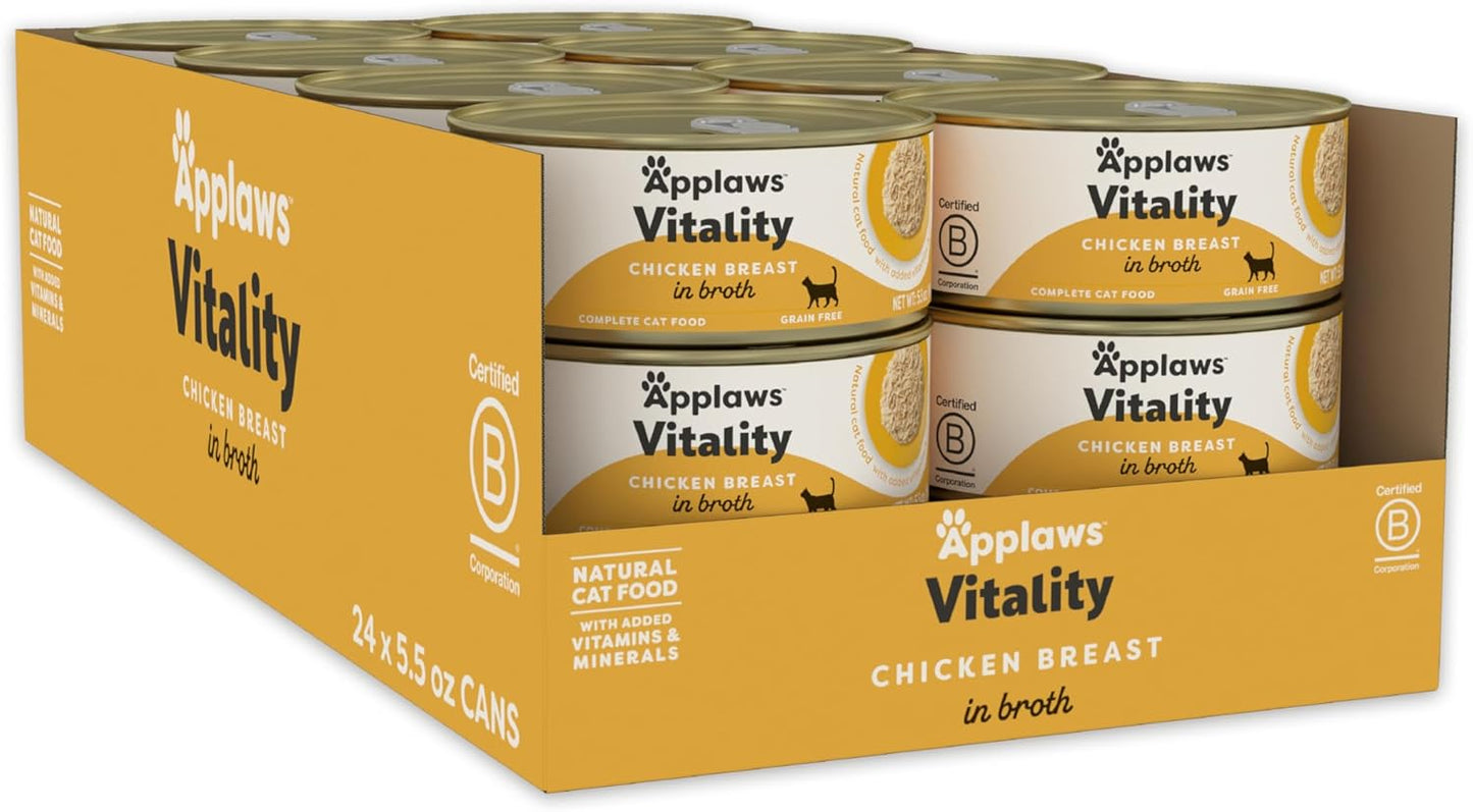 Applaws Vitality Wet Cat Food in Broth, Natural Canned Cat Food, Wet Food for Cats with Added Vitamins and Minerals, Grain Free, Carrageenan Free, Chicken Breast in Broth (24 Count, 5.5oz Cans)
