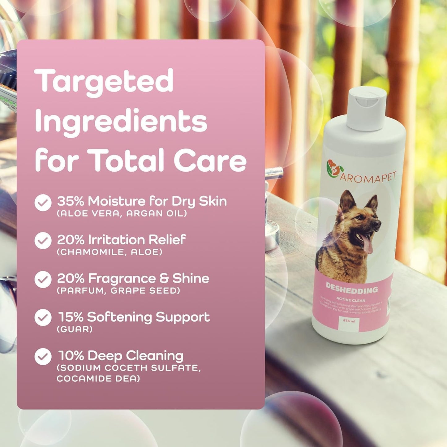 Deshedding Active Clean Dog Shampoo - Deodorizing Dogs Shampoo with Aloe, Argan Oil, Chamomile - Great for German Shepherds & Double Coats - Gentle, Hypoallergenic Dog Shampoo - 475mL