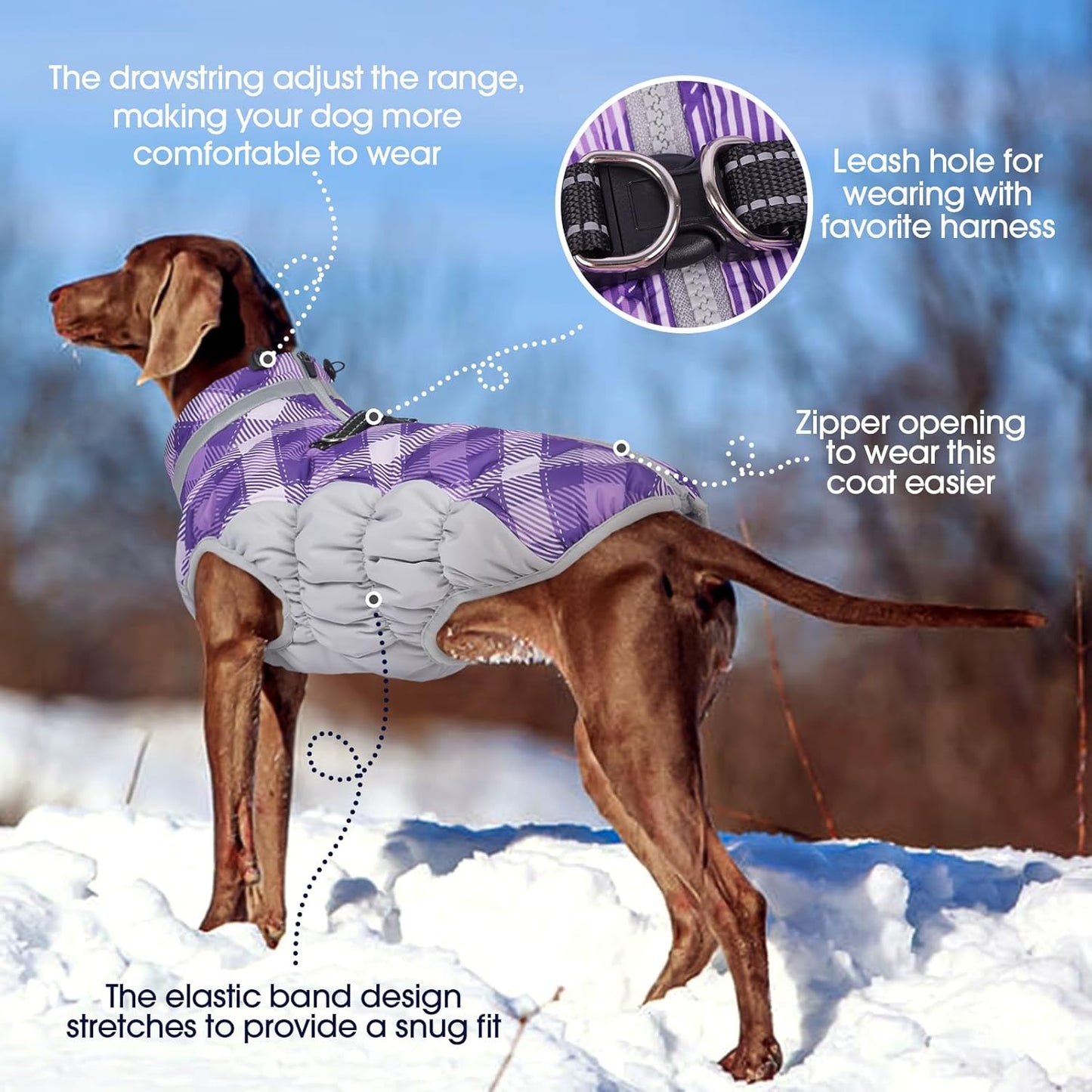FUAMEY Dog Coat for Medium Dogs,Waterproof Dog Winter Jacket with Harness Built in Puppy Cold Weather Coats Reflective Pet Vest with Zipper Warm Fleece Dogs Snowsuit Windproof Purple Plaid M