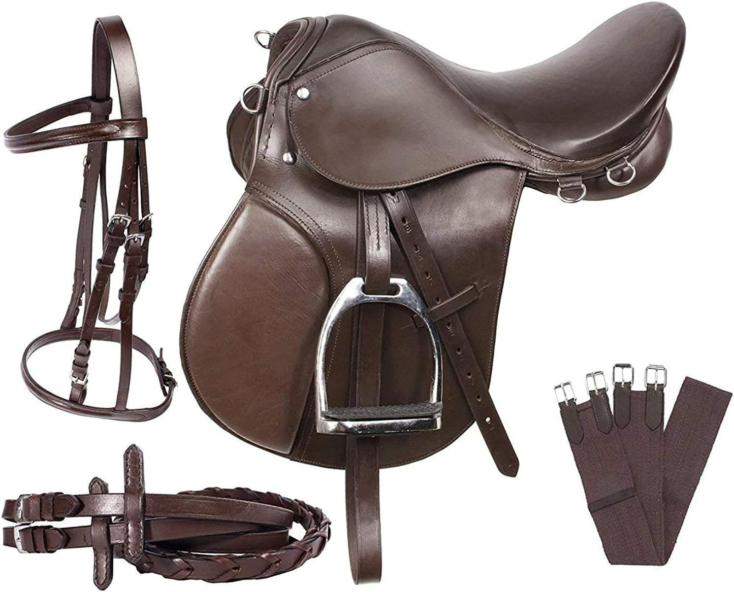 Leather English Riding Horse Saddle Starter Kit Brown Saddle Combo Pack Set of 7 pcs