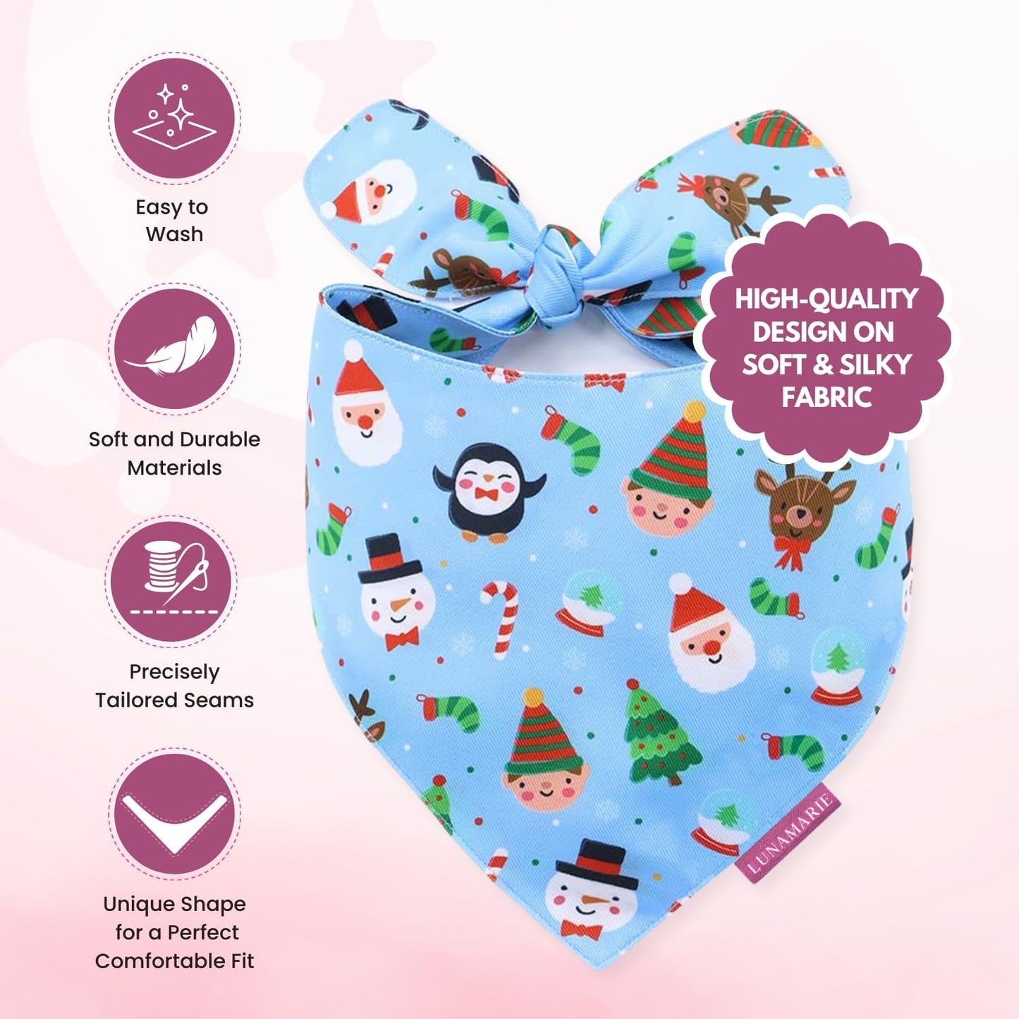 LunaMarie - Luxury Pet Birthday Bandanas -Premium & Silky Poly Fabric | 100% Handmade | Custom Shape Dual Layered (Santa's North Pole, Small)