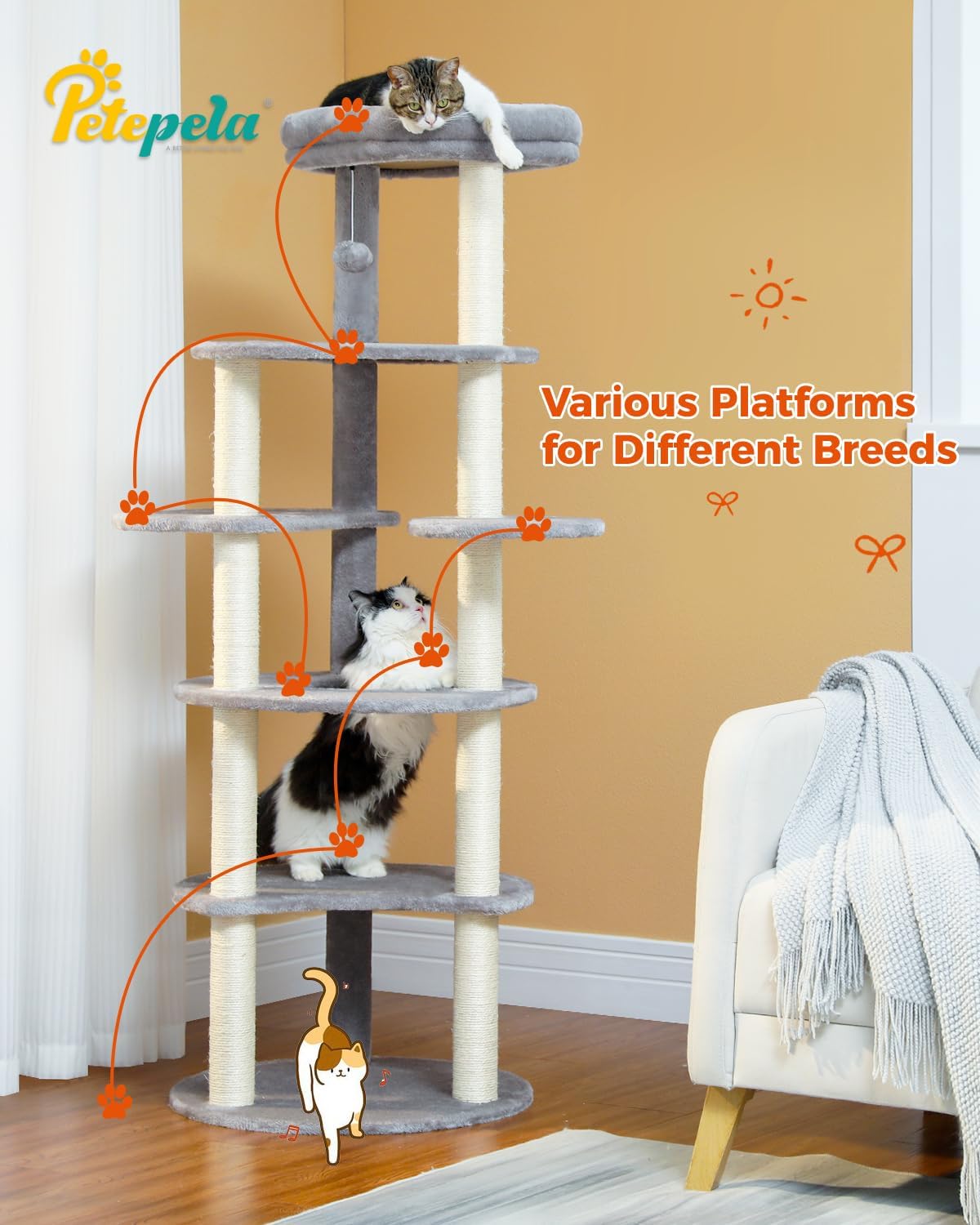 PETEPELA 61" Cat Tree for Indoor Cats, [6-Levels] Cat Climbing Tower with 9 Sisal Scratching Posts and Replaceable Dangling Ball &Top Perch, Grey