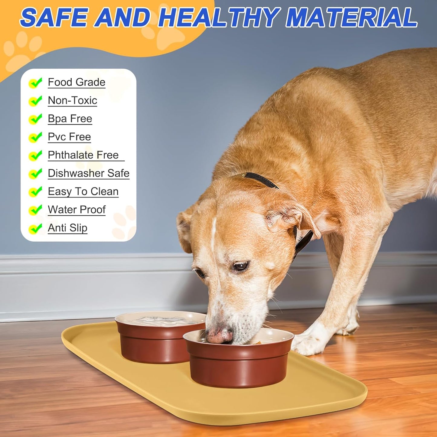 Silicone Pet Feeding Mat with Raised Edge for Food and Water, Dog Bowl Mats, Cat Bowls Placemat with High Lip for Floor Waterproof, Rubber Tray for Cats and Dogs 19 x 12 x0.7 Beige