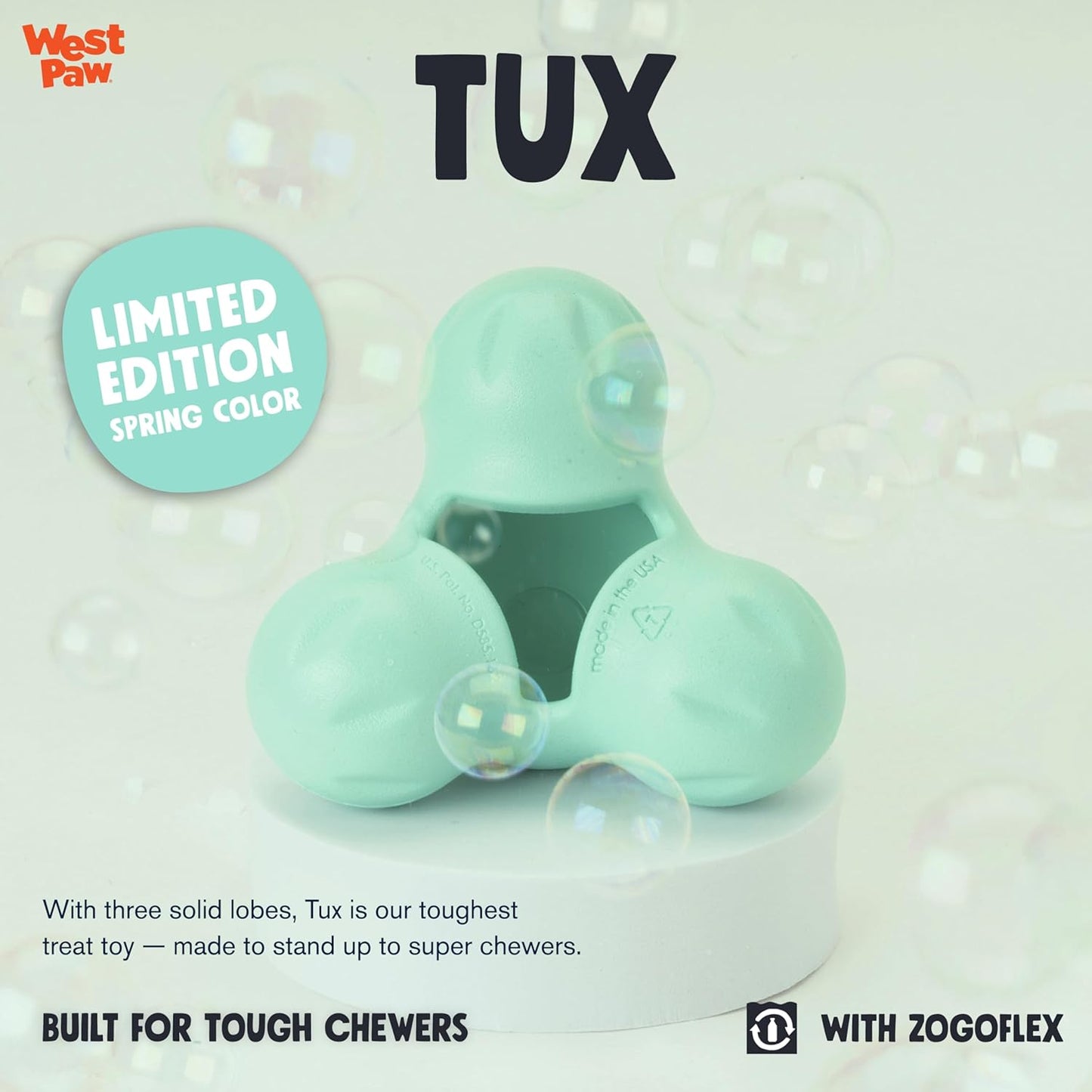 WEST PAW Zogoflex Tux Treat Dispensing Dog Chew Toy – Interactive Chewing Toy for Dogs – Dog Games for Aggressive Chewers, Fetch, Catch – Holds Kibble, Treats, Small 4", Mint