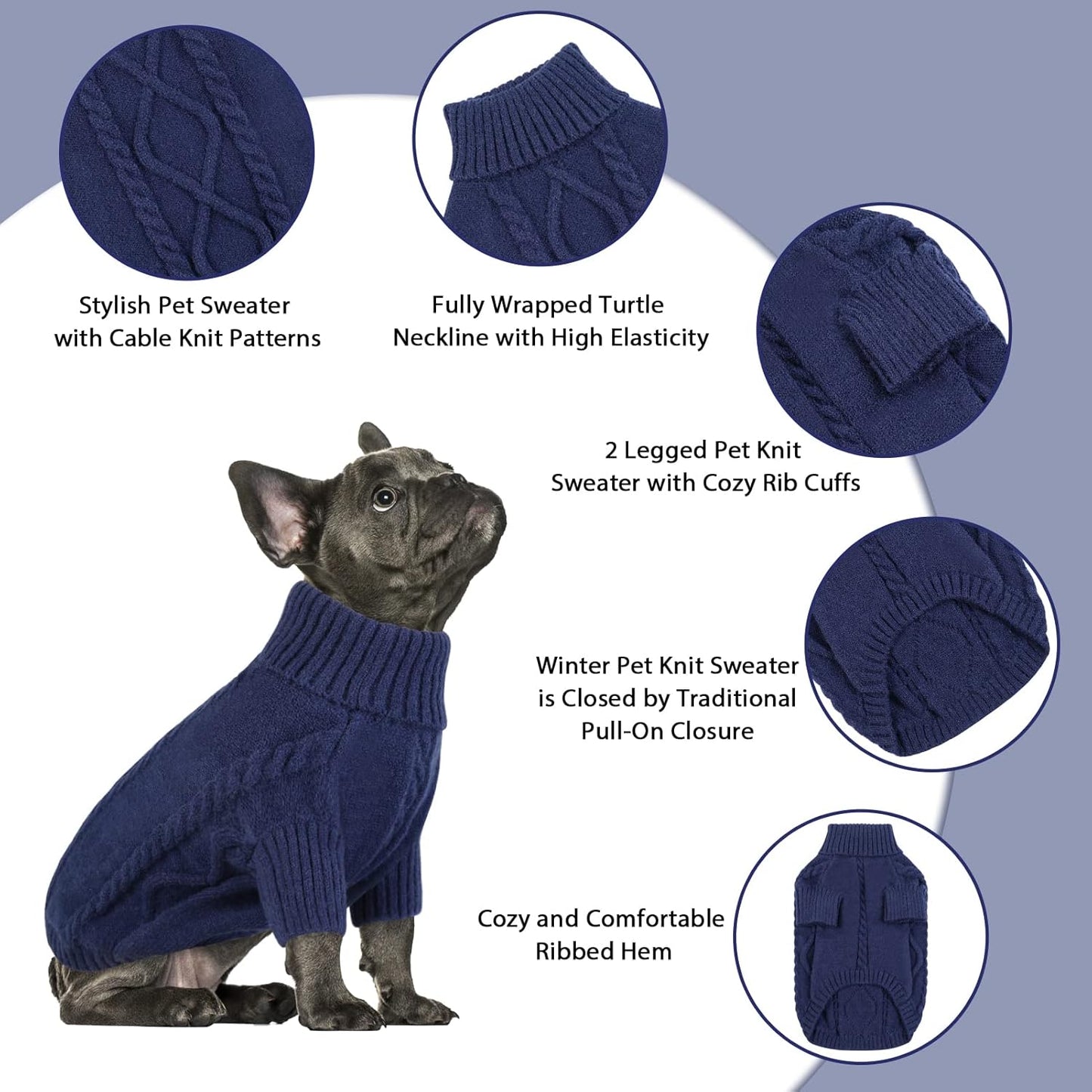 Queenmore Small Dog Pullover Sweater, Cold Weather Cable Knitwear, Classic Turtleneck Thick Warm Clothes for Chihuahua, Bulldog, Dachshund, Pug (Dark Navy, Medium)