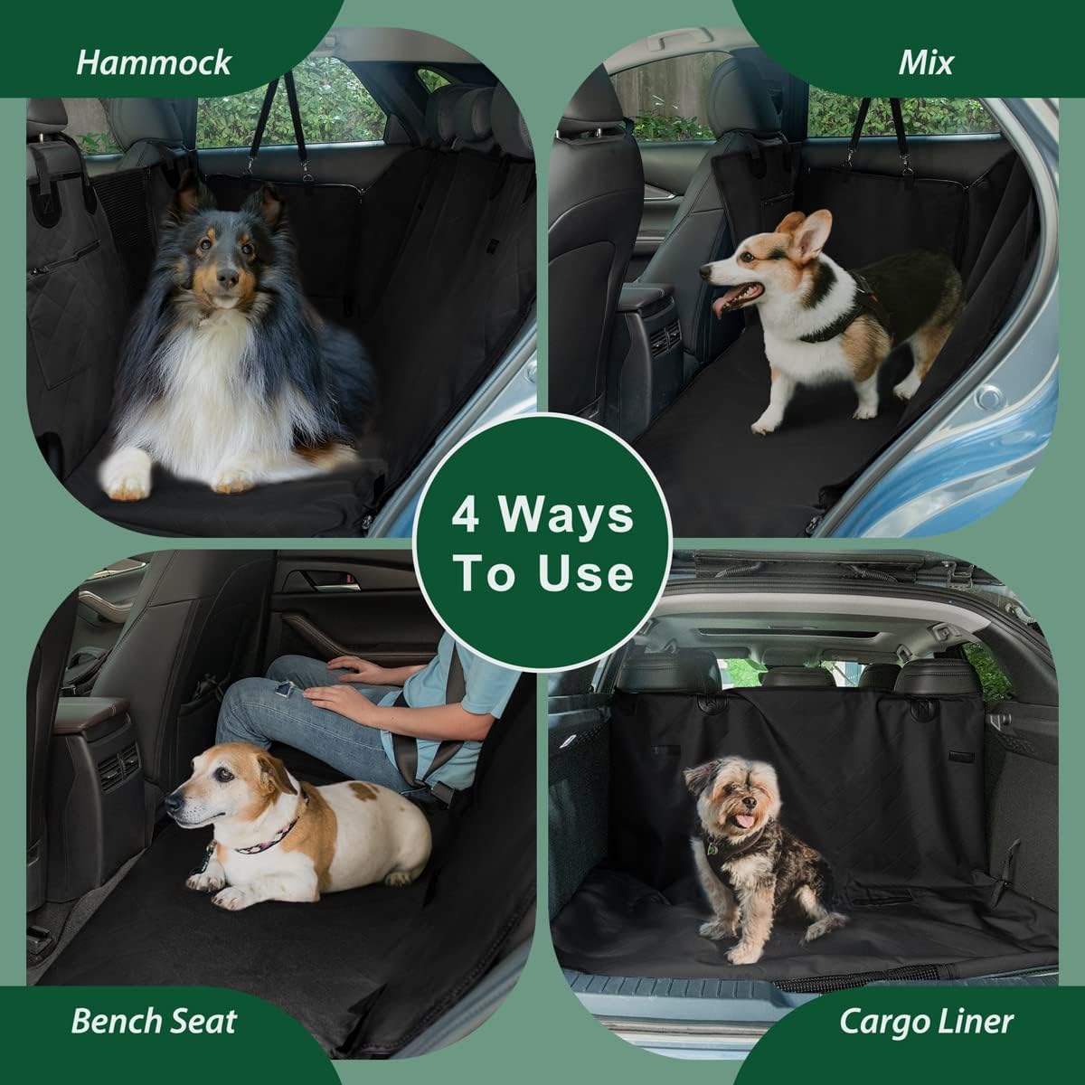 Dog Car Seat Cover for Back Seats 100% Waterproof with Metal Buckle Mesh Window Scratch Proof Heavy Duty Rear Backseat Protector Hammock for Pet, SUV Truck Vehicle Accessories, 54" x 58", Black