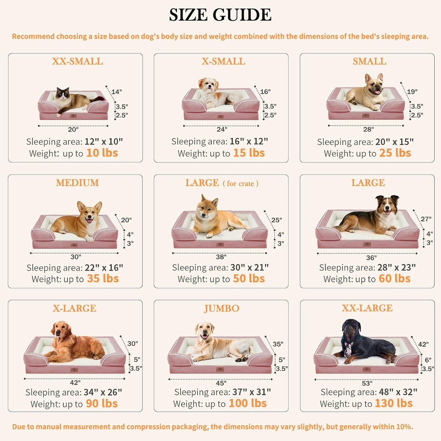 Comfort Expression Large Dog Beds Waterproof Orthopedic Foam Dog Beds for Large Dogs Sofa Comfy Pet Bed with Non-Slip Bottom & Washable Removable Cover(Pink)