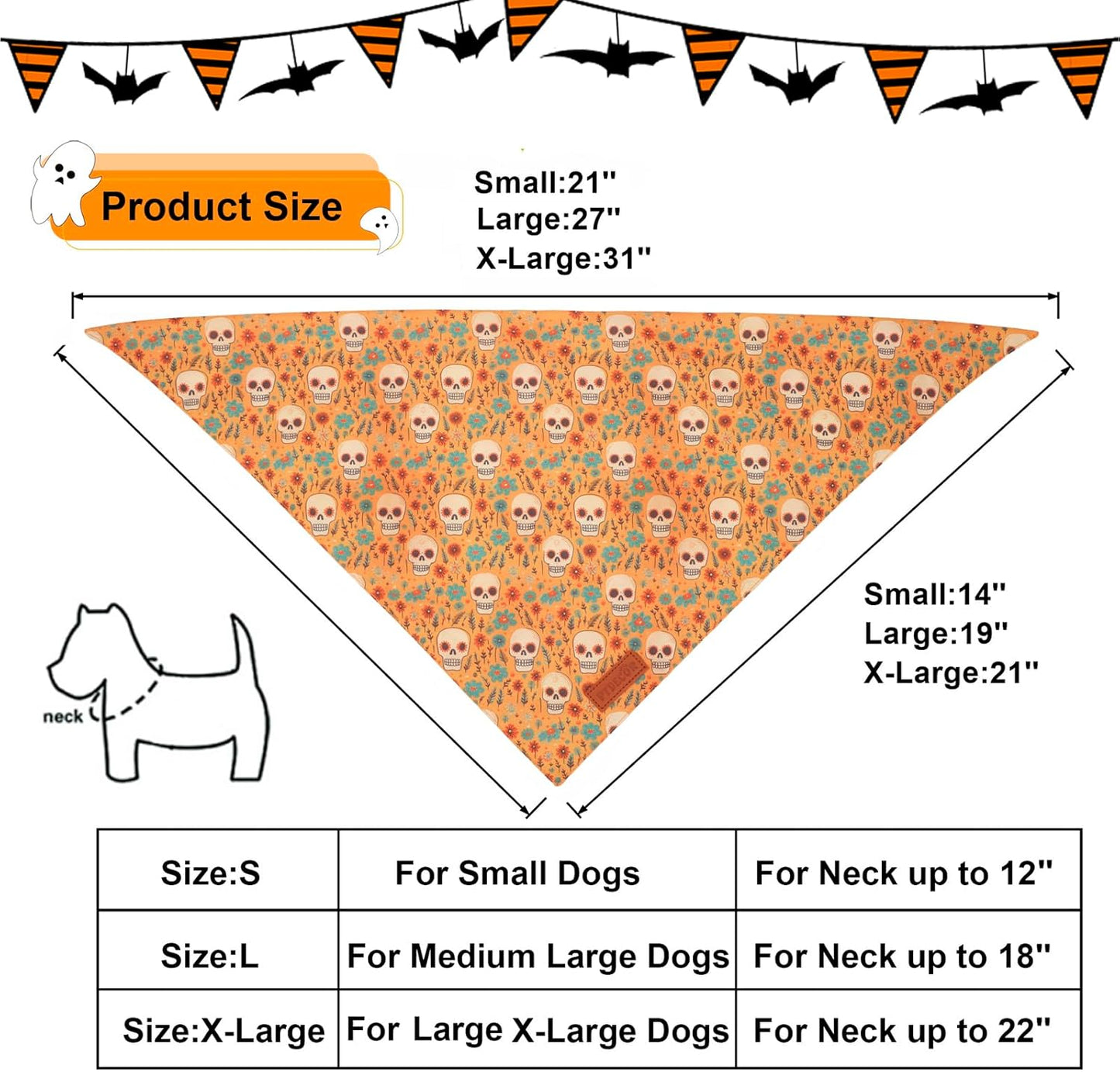 PTDECOR Halloween Dog Bandana, Skeleton Pumpkin Reversible Holiday Dog Scarf, Triangle Halloween Bandanas for Large X-Large Dogs (X-Large)