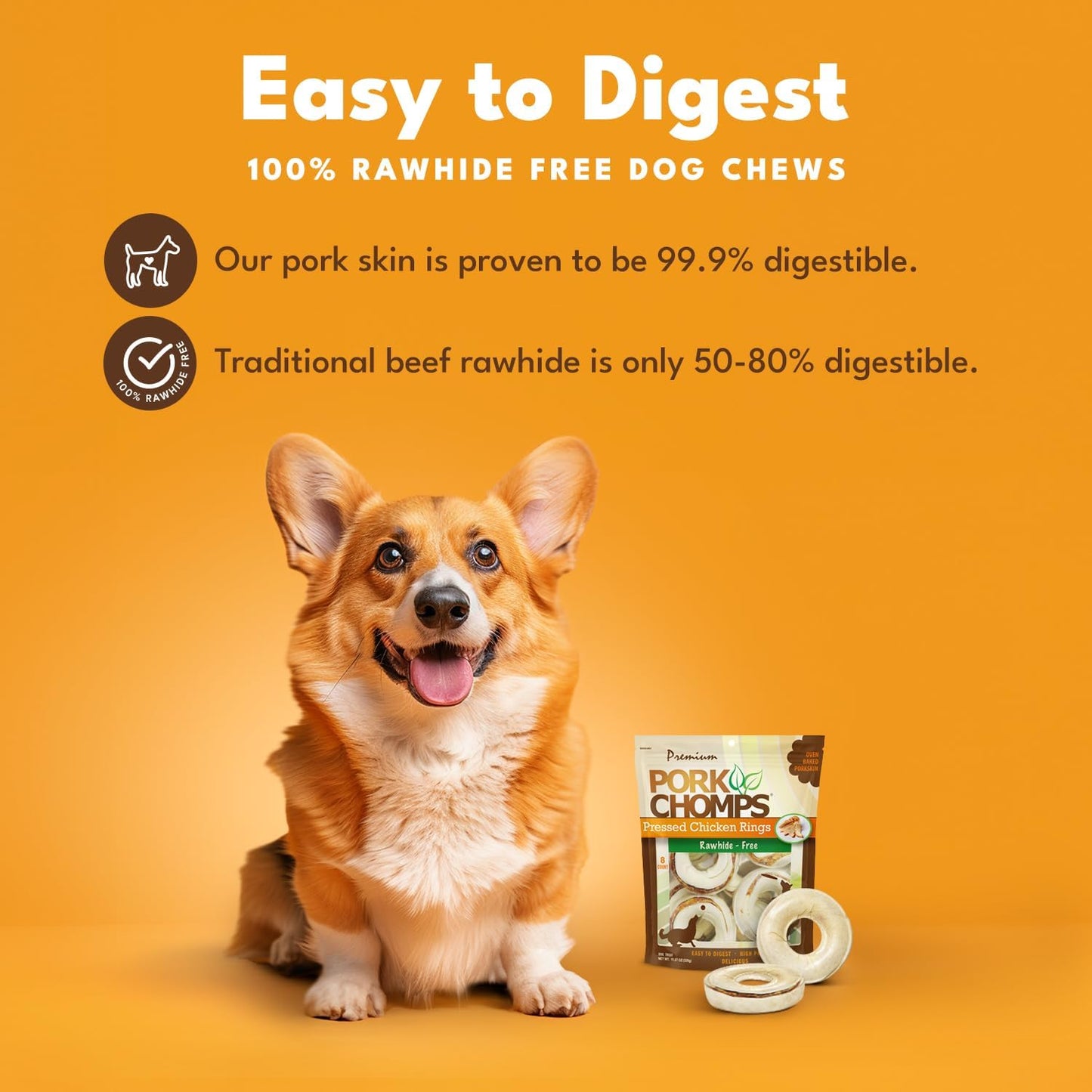 Pork Chomps Pressed Pork Skin Dog Chews, 2.5-inch Rings, Real Chicken, 8 Count