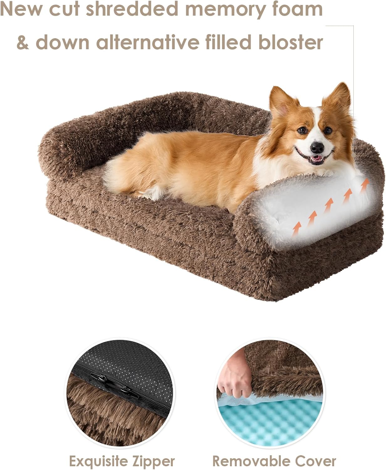 EHEYCIGA Foldable Dog Bed, Faux Fur Fluffy Dog Couch Bed, Orthopedic Calming Memory Foam Pet Bed for Small Dogs, Washable Soft Warm Pet Sofa Bed with Non-Slip Bottom, Brown, 40"x30"x6"