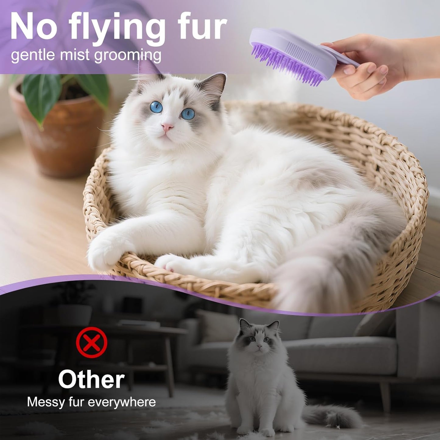 Steam Brush for Cat & Dog – 3-in-1 Spritz Pet Spray Hair Removal Comb for Grooming & Shedding Steam – Water Brush for Long & Short Haired Pets– Includes Two Bottles Waterless Shampoo