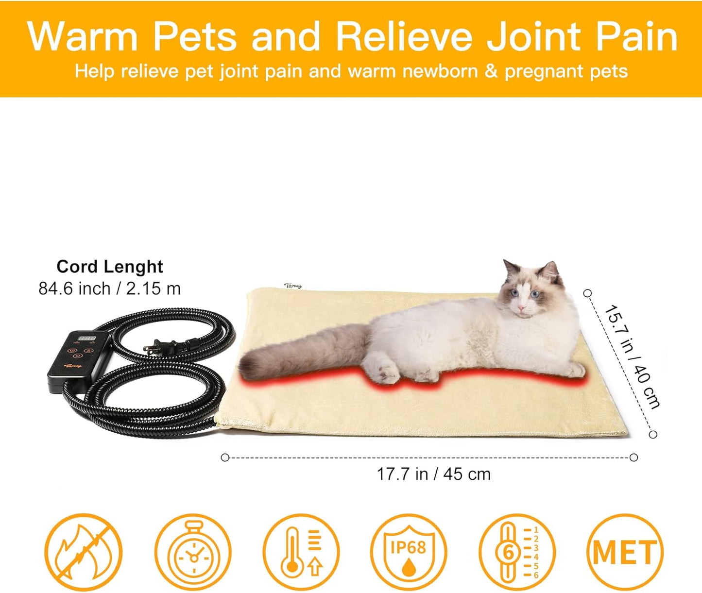 Toozey Pet Heating Pad, 6 Adjustable Temperature Heated Cat Bed with Timer, Waterproof Electric Heated Mat for Dogs and Cats, Chew Resistant Cord, Safe Indoor Use, 18x16in