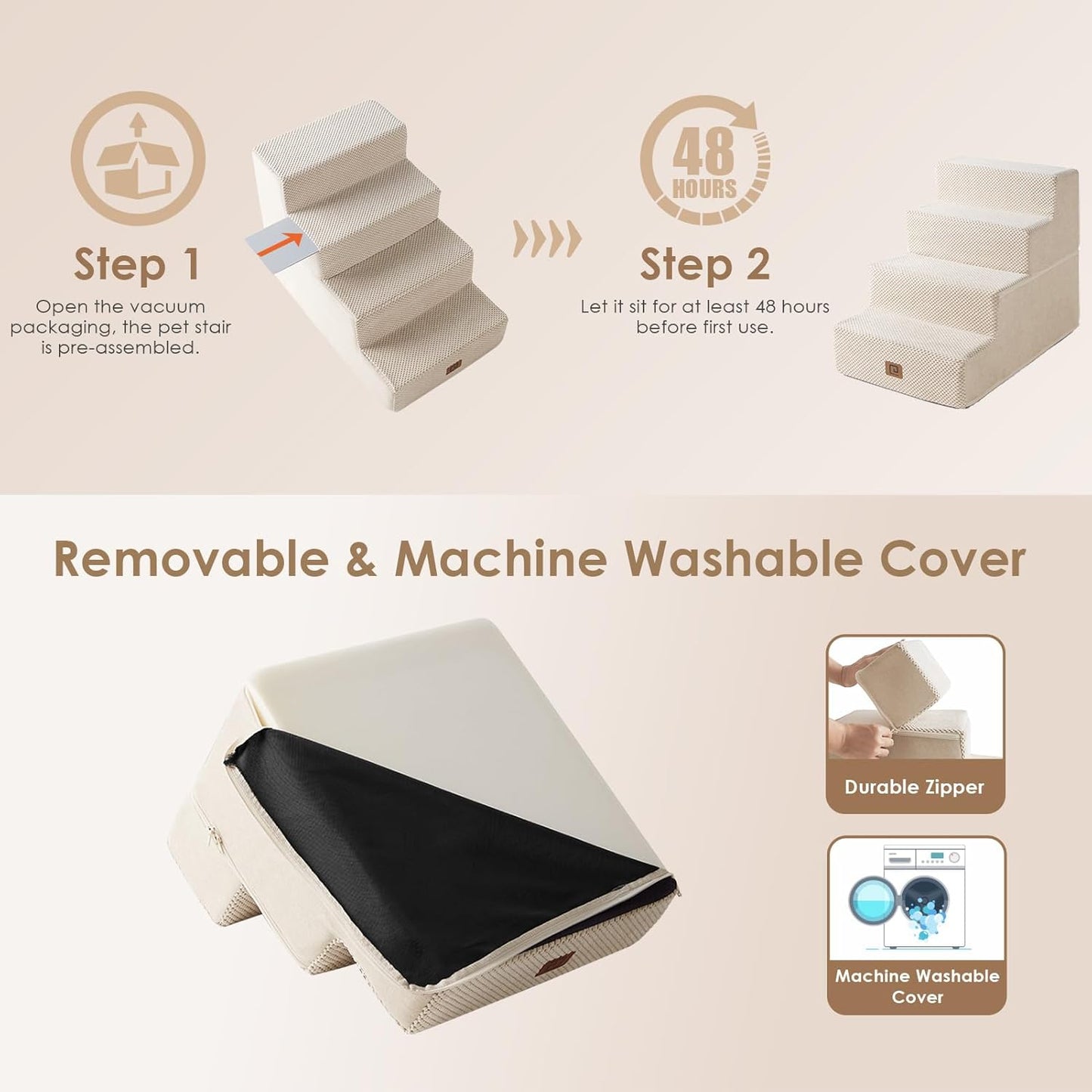 EHEYCIGA Dog Stairs for Bed 18" H, 4-Step Dog Steps for High Bed, Pet Steps for Small Dogs and Cats, Non-Slip Balanced Pet Ramp Indoor, Beige