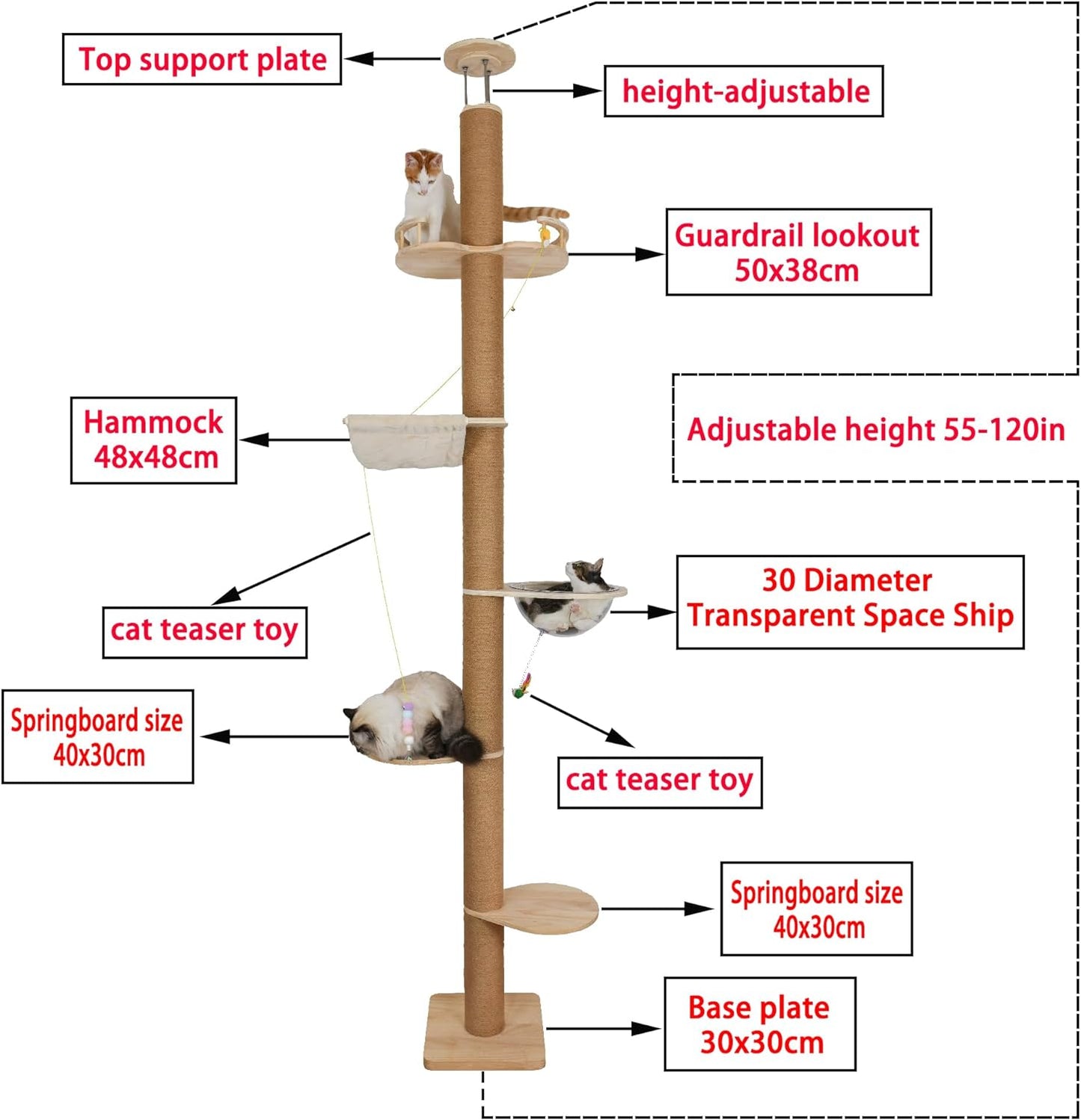 Floor to Ceiling Cat Tree Height (50-120 in) Adjustable Cat Tower 5 Tier Hemp Scratching Post High Cat Tree Sturdy Activity Tree Indoor Outdoor Cat Scratching Post Activity Center