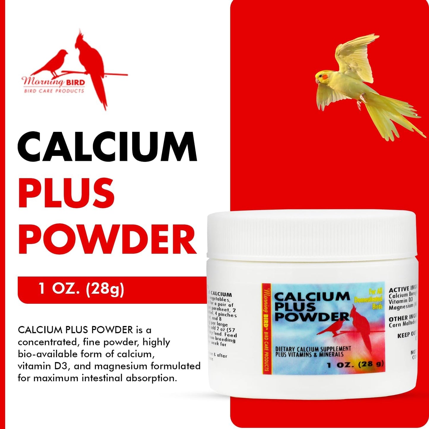 Morning Bird Calcium Plus Powder for Birds 1 oz – Calcium Carbonate Powder with Magnesium Glycinate & Vitamin D – Bone Strength & Immune Support Supplement – Calcium Formula for All Bird Sizes