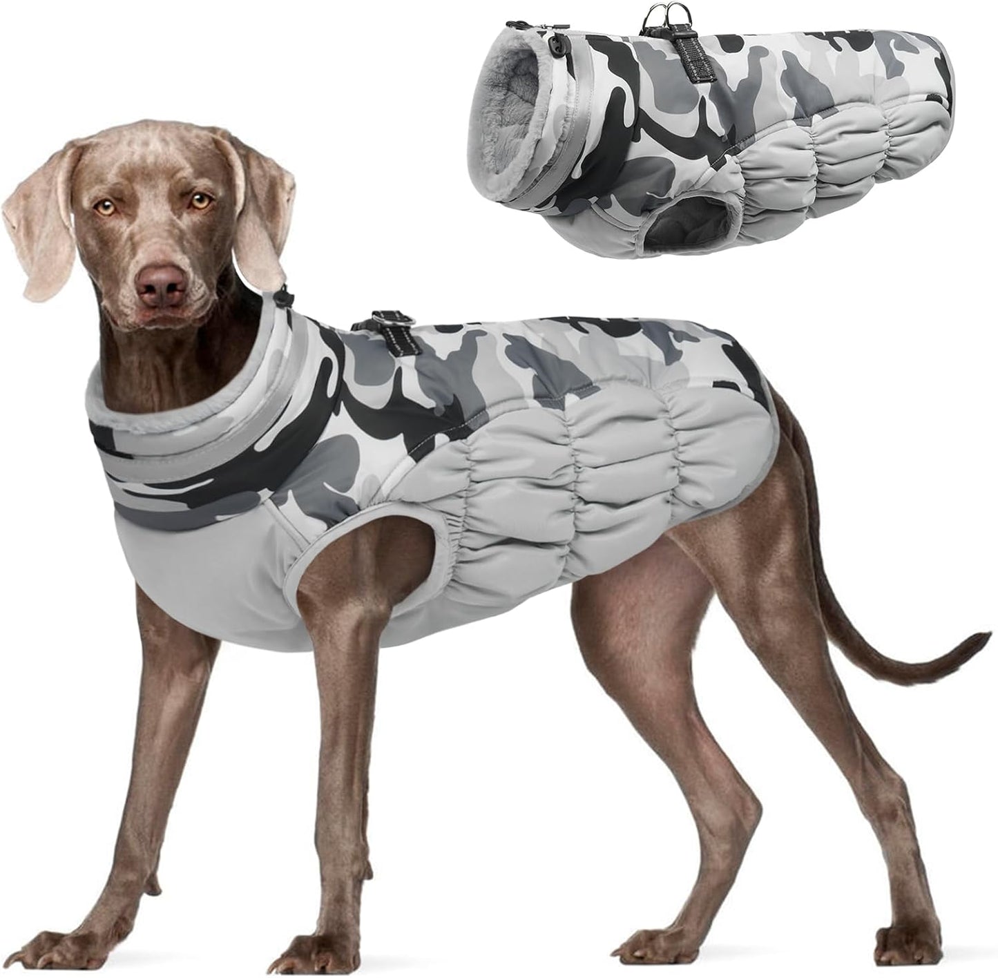 FUAMEY Dog Coat for Large Dogs,Waterproof Dog Winter Jacket with Harness Built in Puppy Cold Weather Coats Reflective Pet Vest with Zipper Warm Fleece Dogs Snowsuit Windproof Grey Camo XL