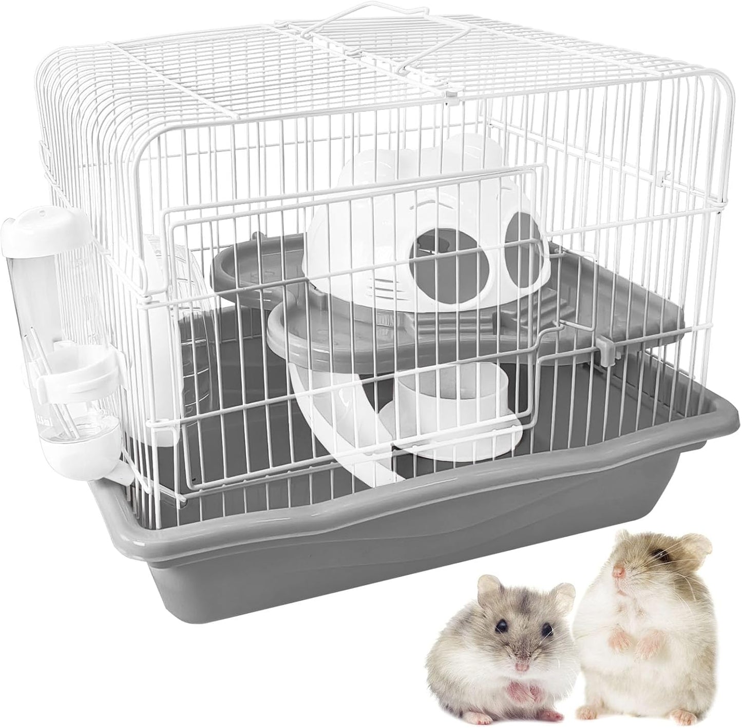 PINVNBY Dwarf Hamster Cage, Small Animal Cages, 2-Tier Travel Portable Mouse Cage Hamster Carrier with Castle House Running Exercise Wheels, Water Bottle and Food Dis（Gray）