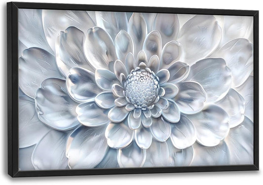 Abstract Flower Large Wall Art White Silver Floral Pictures Wall Decor Neutral Canvas Print Painting Artwork for Bathroom Living Room Bedroom 36L" x 24W"