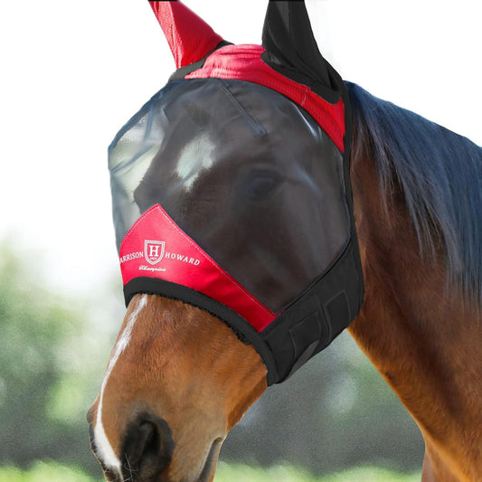 Harrison Howard Pro Luminous Horse Fly Mask Standard with Ears UV Protection for Horse Scarlet Red/Black Large Full Size