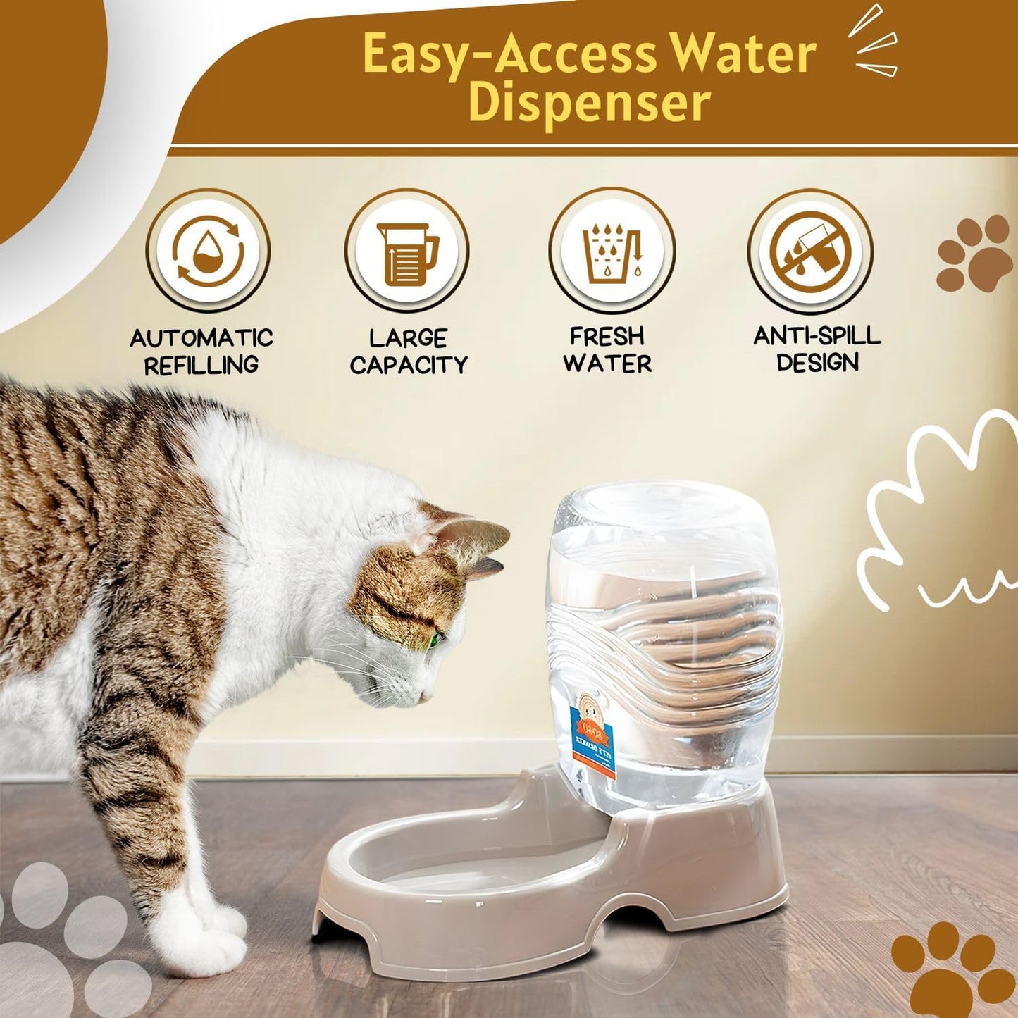 Flexzion Automatic Gravity Pet Waterer for Cat & Dog - Non-Skid & Easy-Clean Auto Replenish Water Dispenser Drinking Bowl (3/8 Gallon / 1.5L), Beige