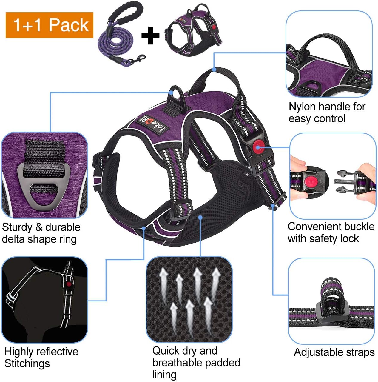 No Pull Dog Harness Adjustable Reflective Oxford Easy Control Medium Large Dog Harness with A Free Heavy Duty 5ft Dog Leash (L (Chest: 25.5"-31"), Purple Harness+Leash)