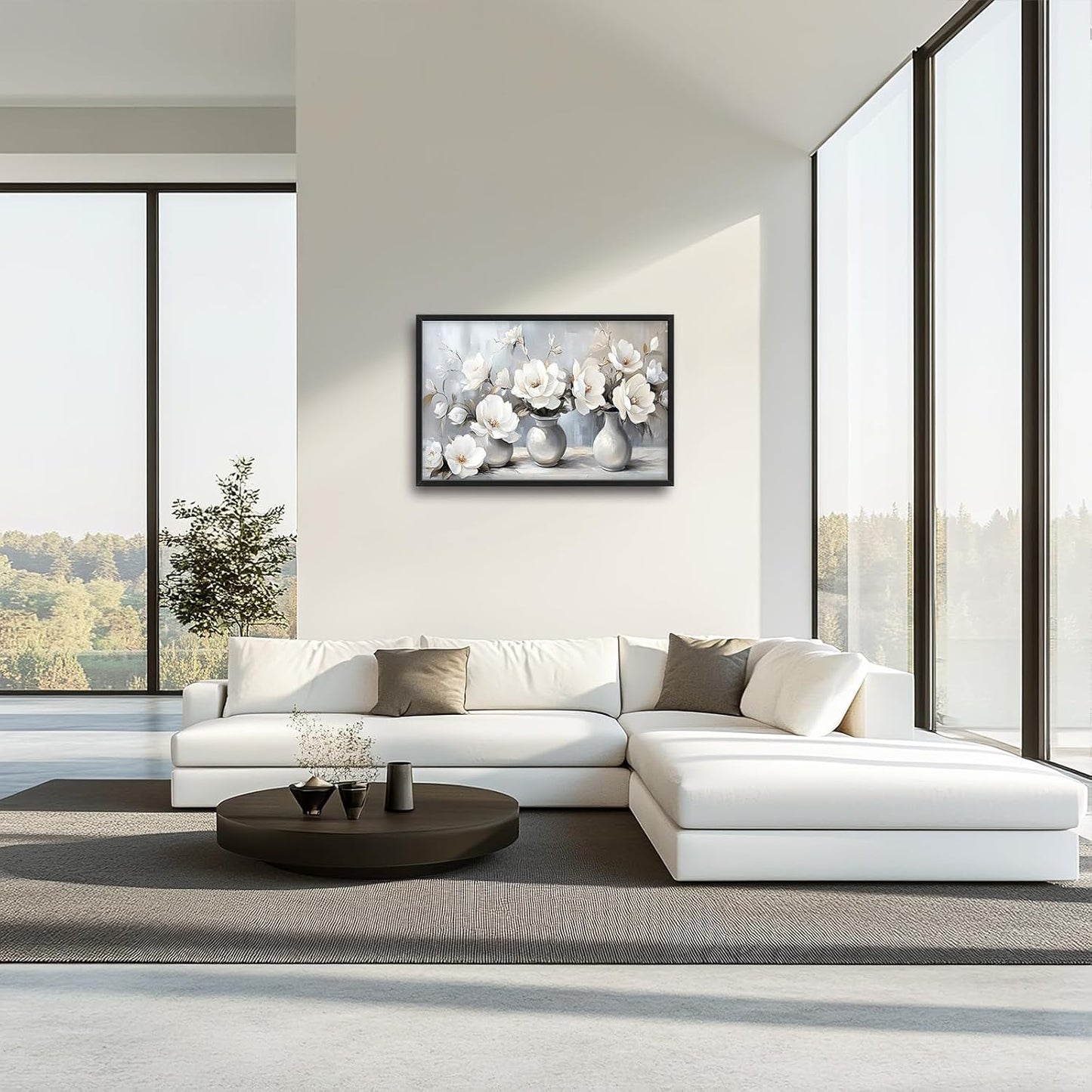 Large Farmhouse Floral Wall Art for Living Room, Framed Oversized White Flower Vase Wall Decor Grey Floral Canvas Painting Pictures Modern Artwork for Bathroom Bedroom Office Dining Room 36"x24"