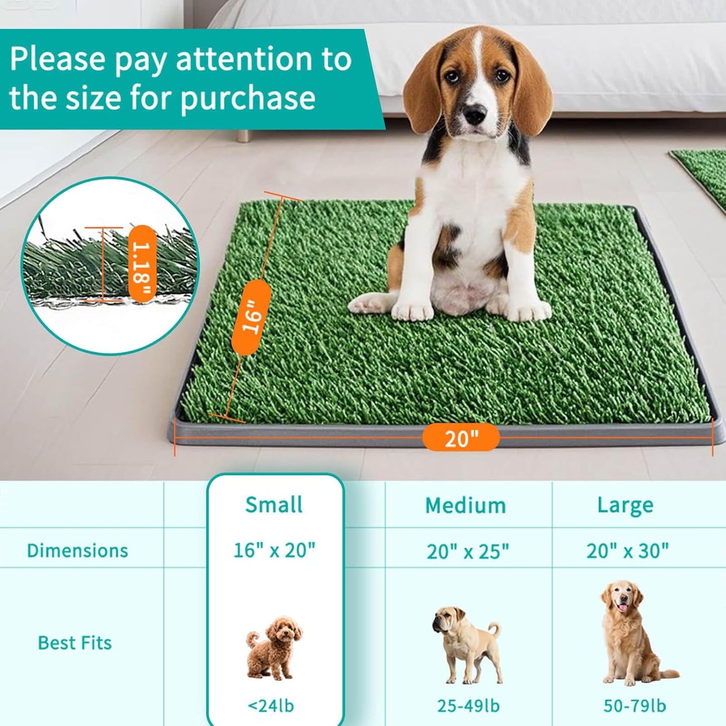 Artificial Grass Pad with Tray - 16"x20" Dog Potty for Puppy Training - with 2 PCS Reusable Replacement Fake Grass Pee Pads, Indoor/Outdoor Small Dog Litter Box for Apartment or Balcony/Patio