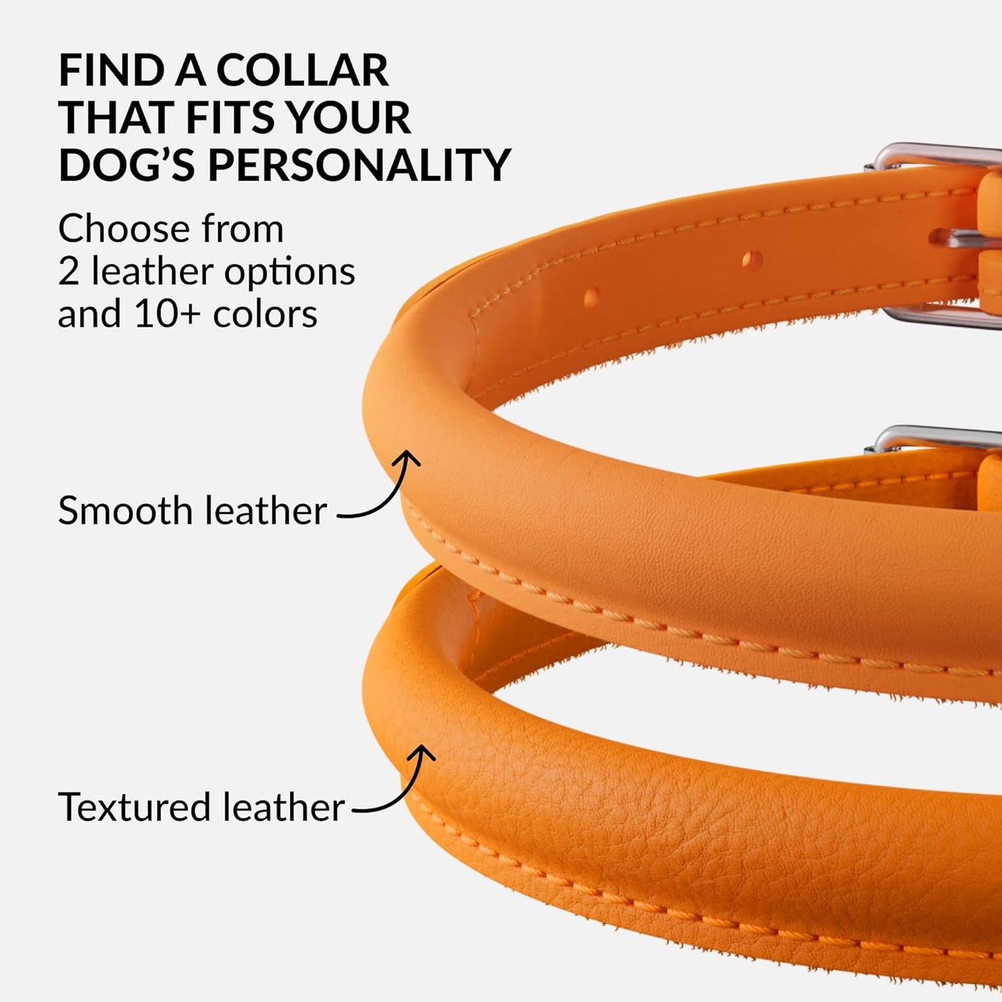 CollarDirect Rolled Leather Dog Collar, Soft Padded Round Puppy Collar, Handmade Genuine Leather Collar Dog Small Large Cat Collars 13 Colors (6-7 Inch, Orange Smooth)