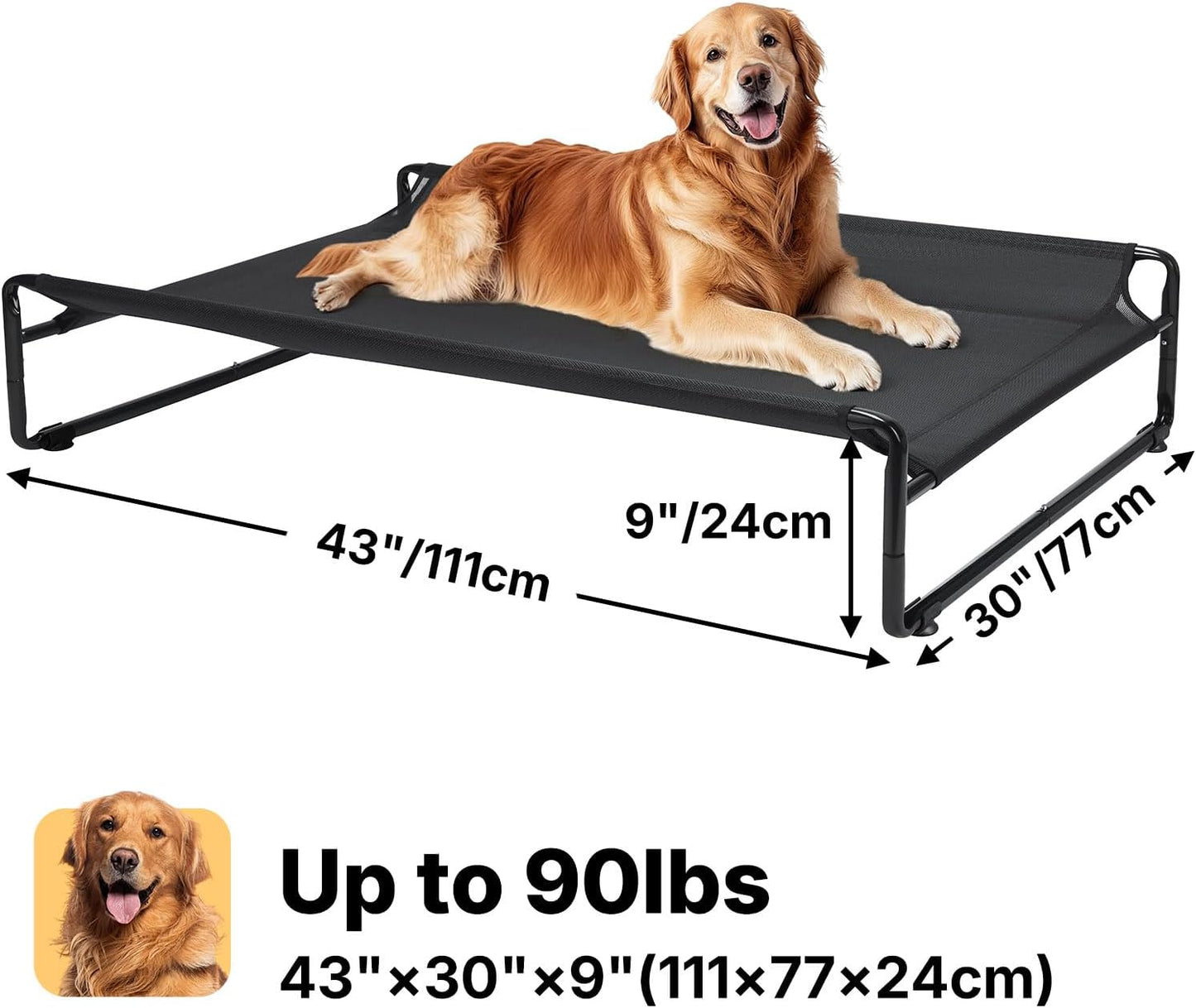 Veehoo Original Outdoor Elevated Dog Bed, Cooling Raised Dog Cot for Large Dogs, Portable Standing Pet Hammock Platform with Washable Breathable Mesh, No-Slip Feet, Large, Black, CWC2201