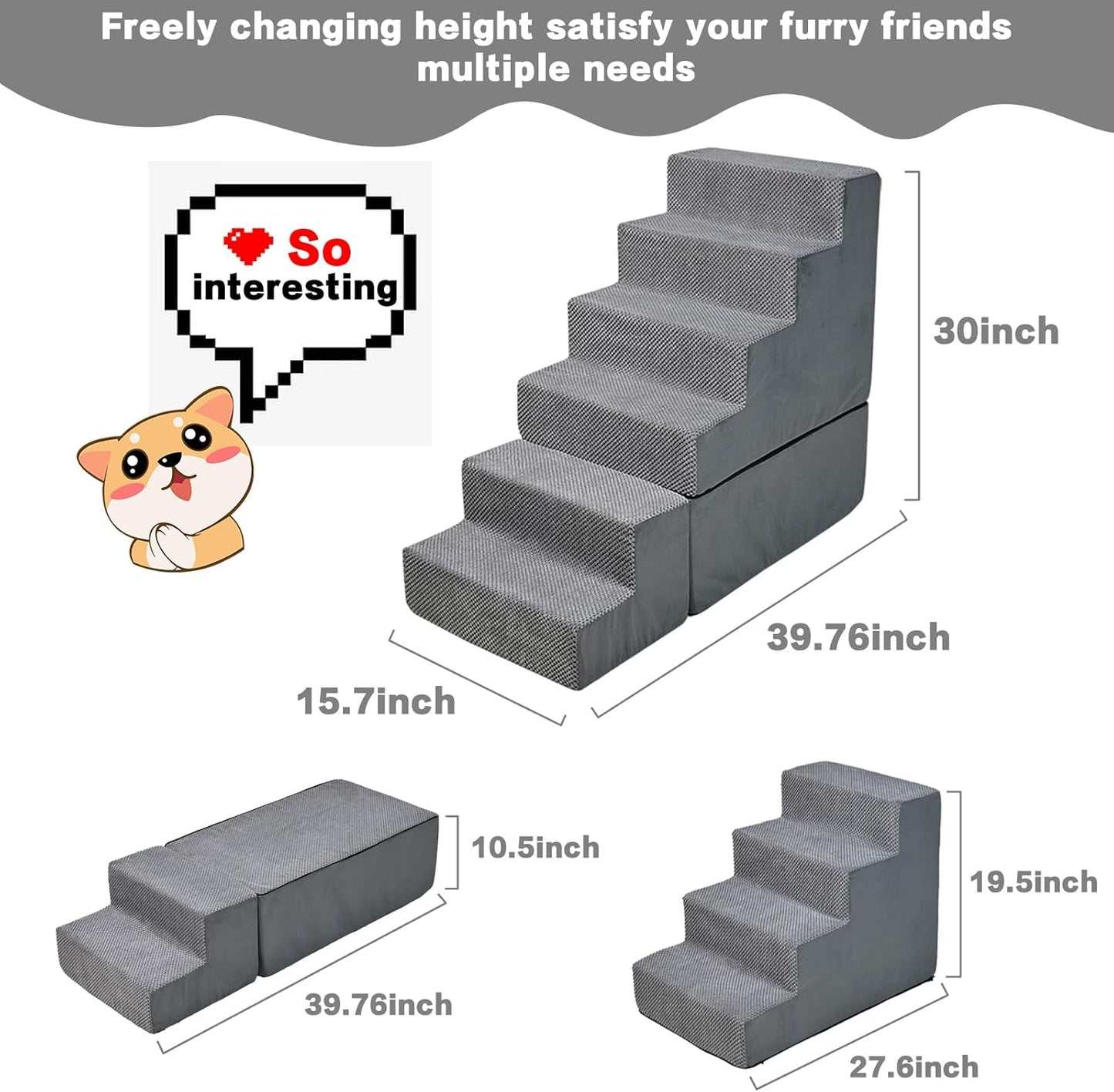 Dog Stair Steps for High Beds 30 inches Tall, 33D Foam Dog Ramp for Bed 30-32 inches, 6-Step Pet Stair Steps for Small Large Dogs for Bed Climbing, Non-Slip Dog Steps for Older Dogs/Cats, Grey