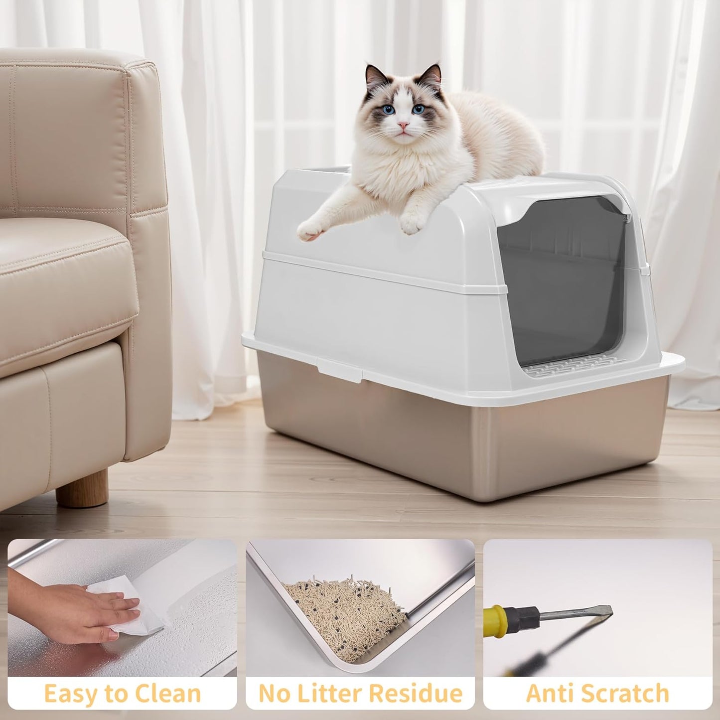 Stainless Steel Litter Box with Lid, XL Extra Large Cat Litter Box, Enclosed Metal Litter Pan with High Sided Enclosure & Scoop, Anti Leakage, Easy to Clean, Odor Control (White)
